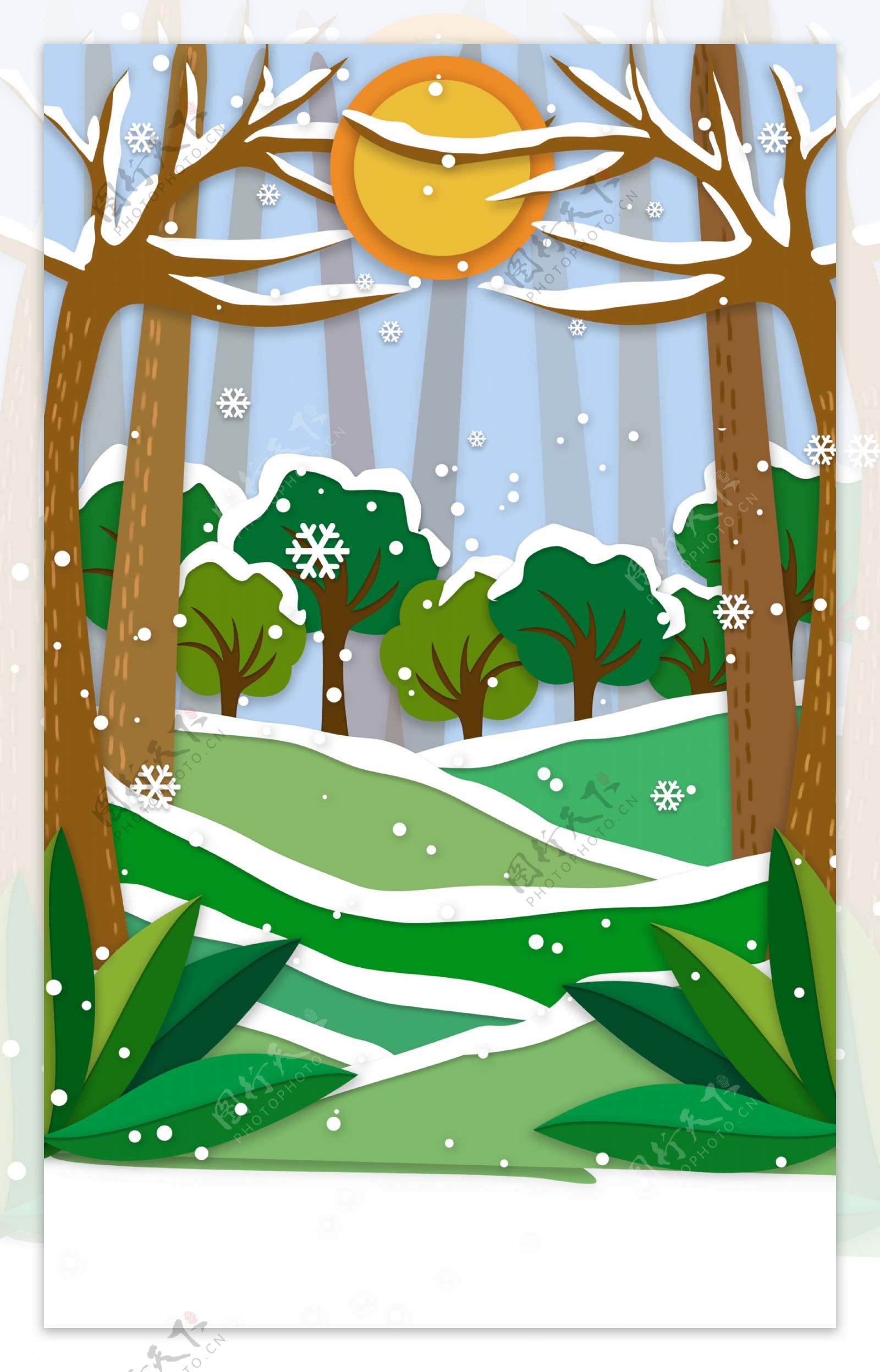 彩绘冬季树林雪花背景设计