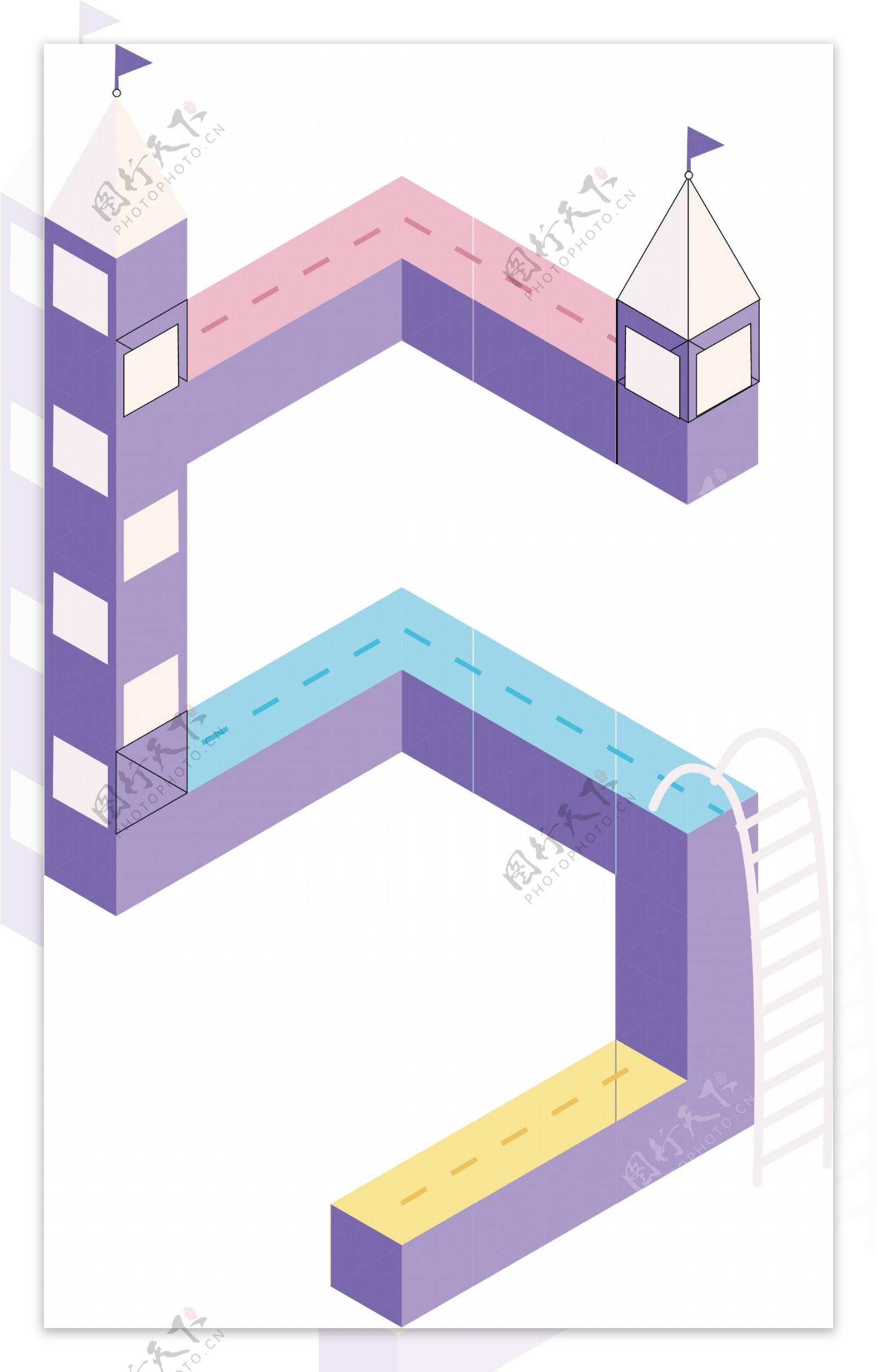 卡通城堡阶梯立体数字5紫色创意矢量元素