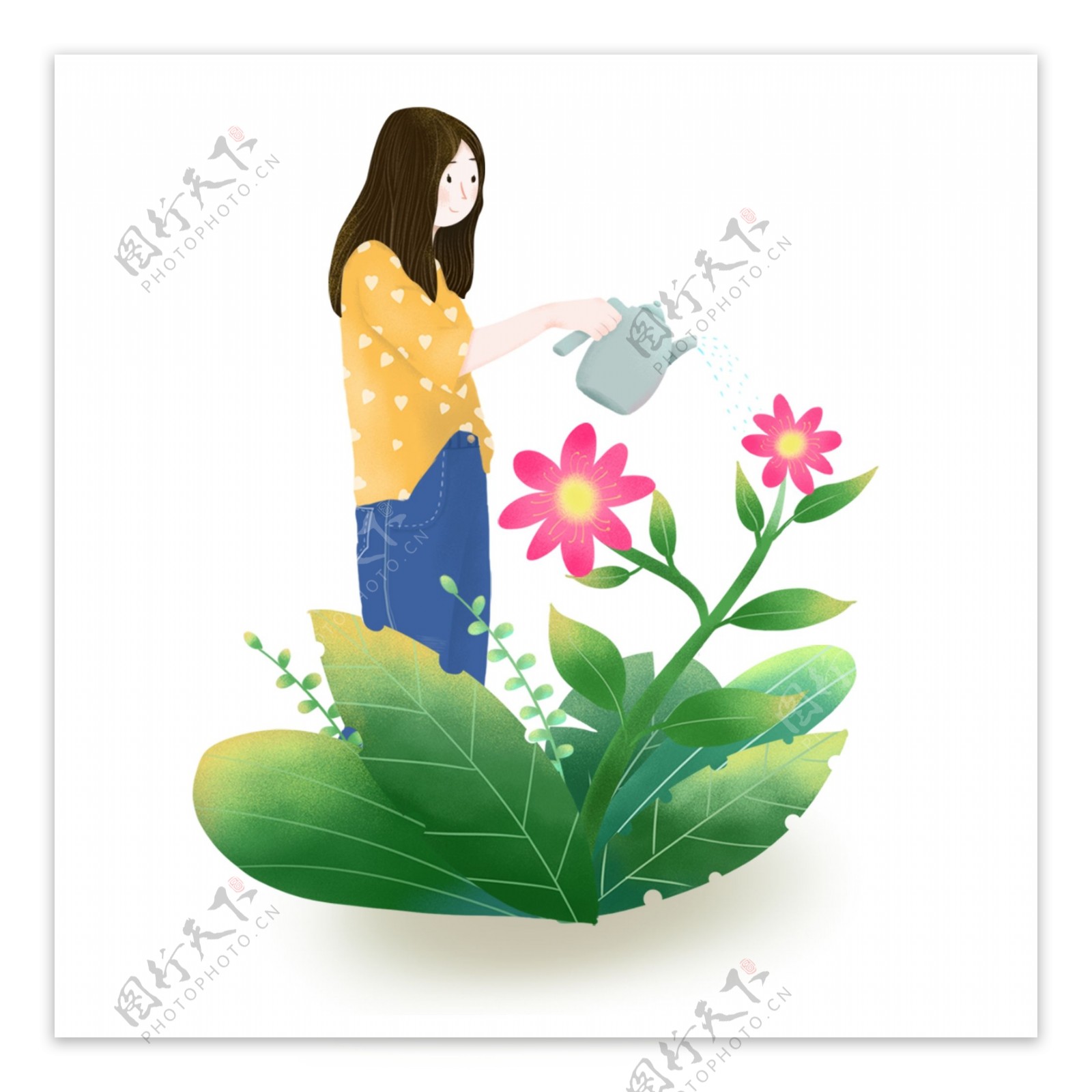 手绘春天给绿植鲜花浇水的女孩人物元素