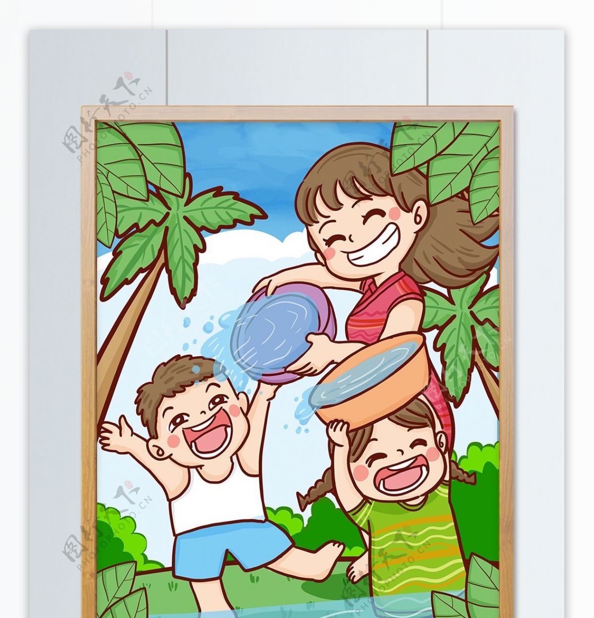 泼水节母亲和孩子一起泼水游玩手绘原创插画