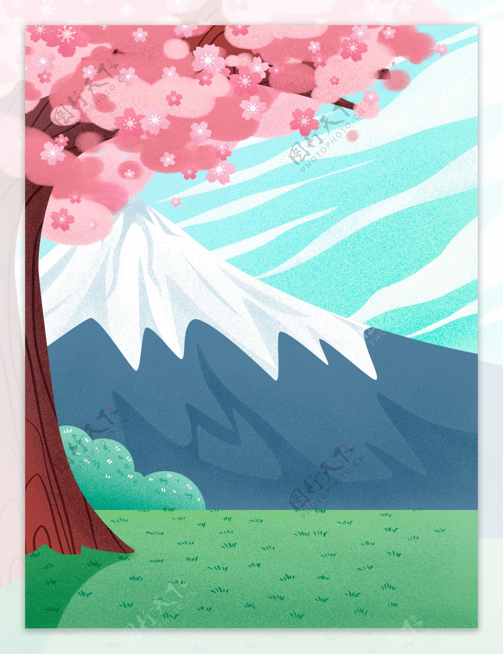 手绘樱花草地雪山背景设计