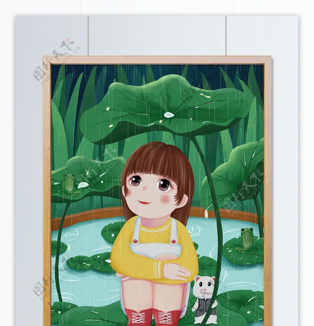 五月池塘仓鼠举荷叶给小女孩遮雨肌理插画