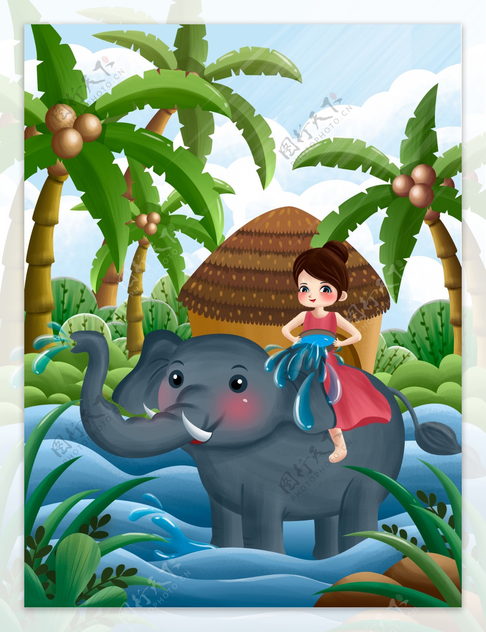原创泼水节女孩骑大象玩水插画
