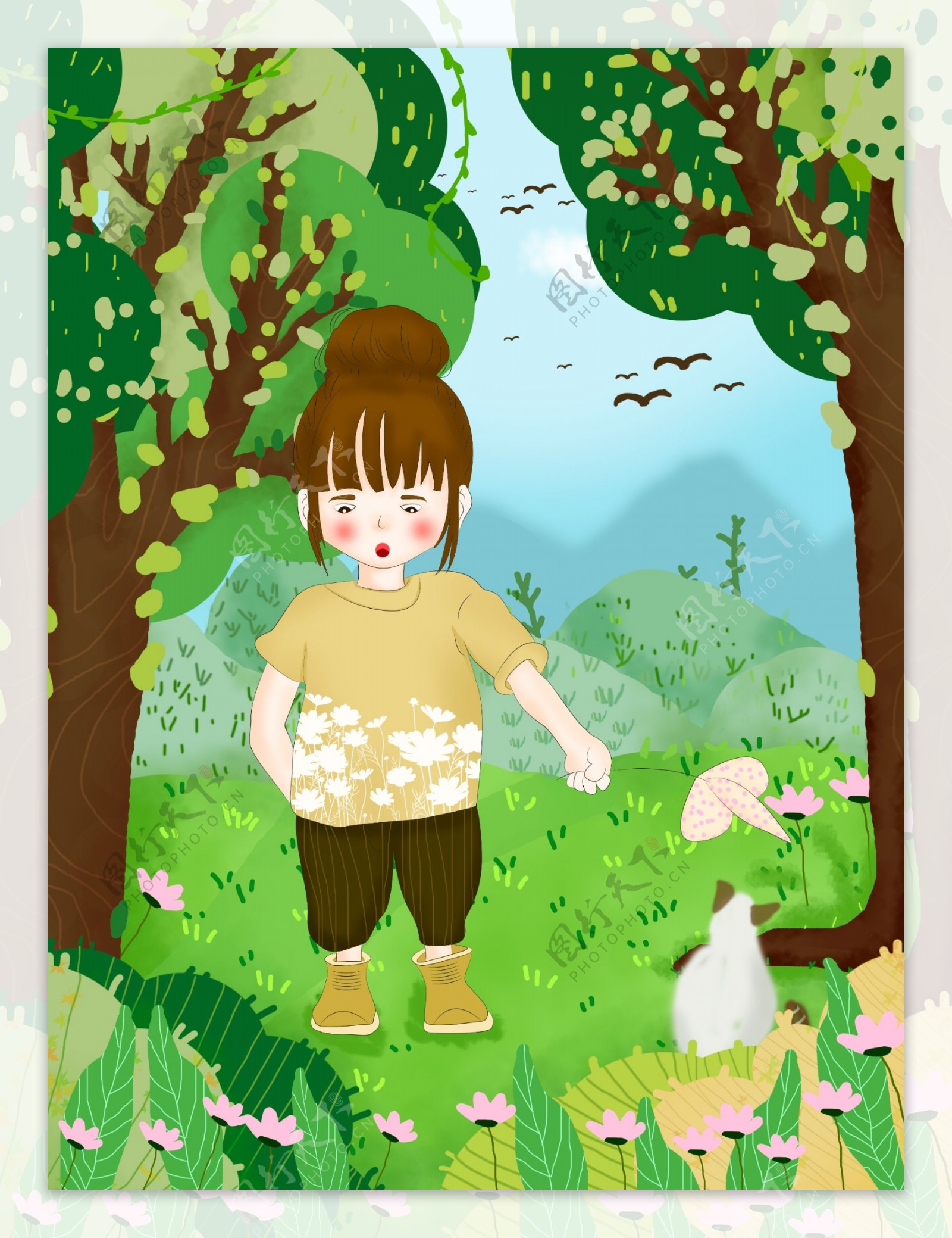 绿色扁平风春天森林猫咪女孩背景设计