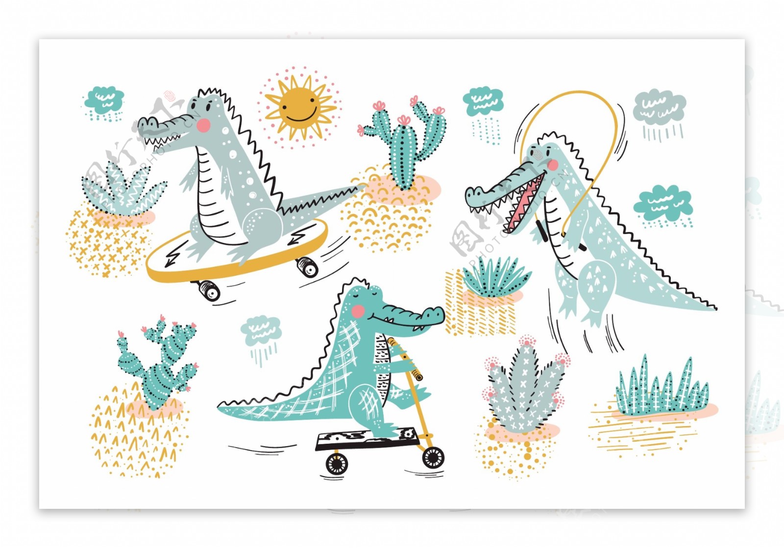 卡通鳄鱼滑板车涂鸦图案设计