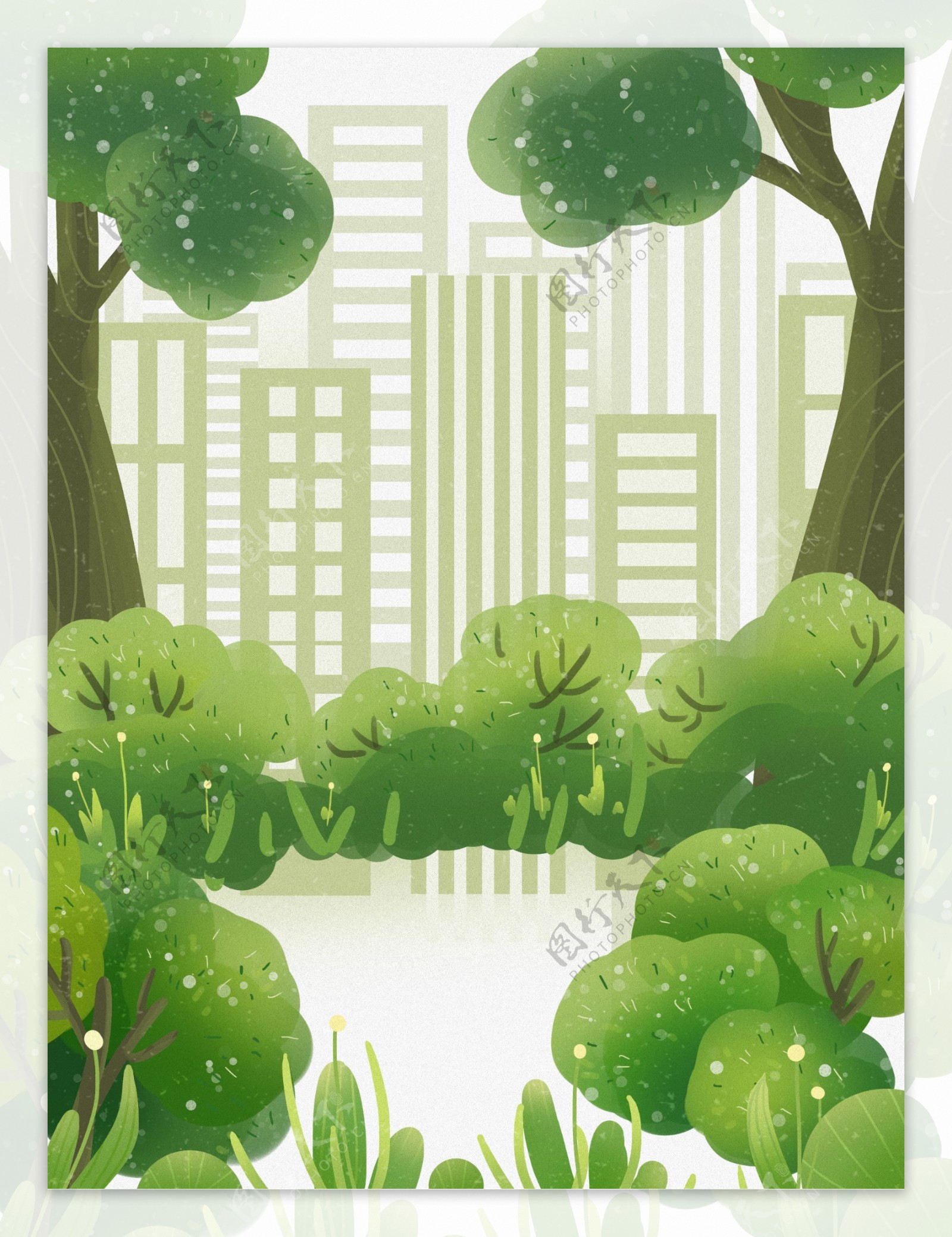 手绘春季绿色植树背景设计
