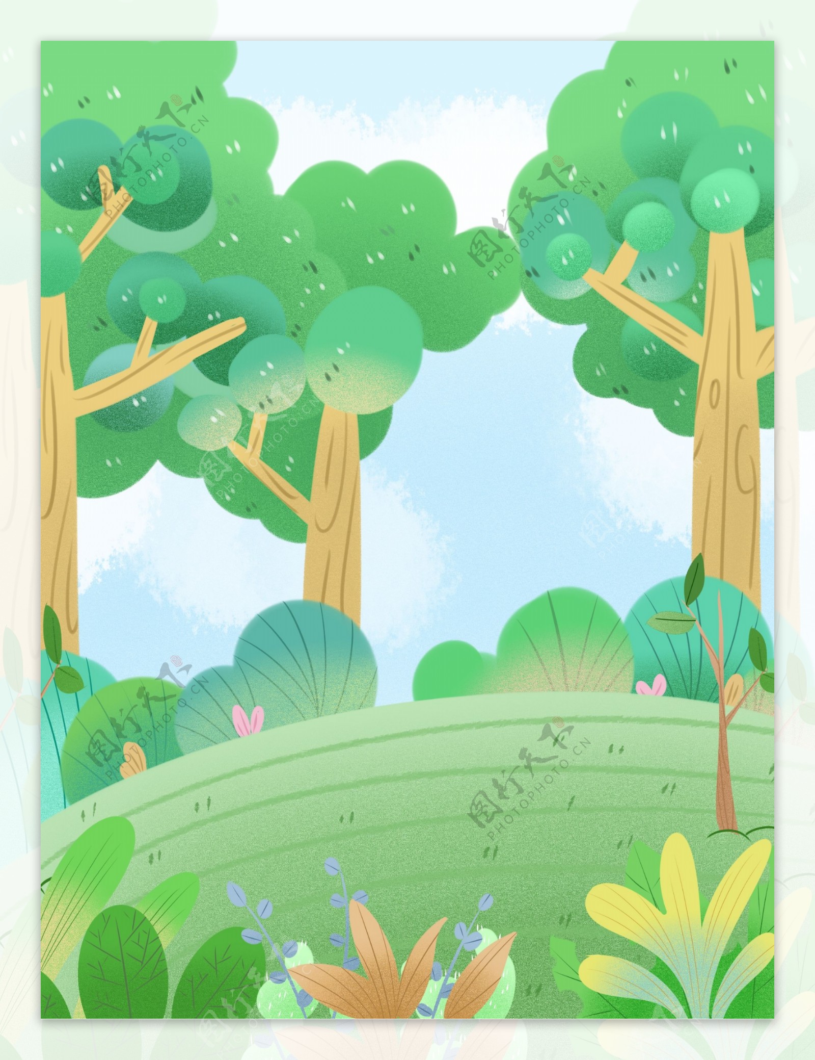 手绘春季草地树林背景设计