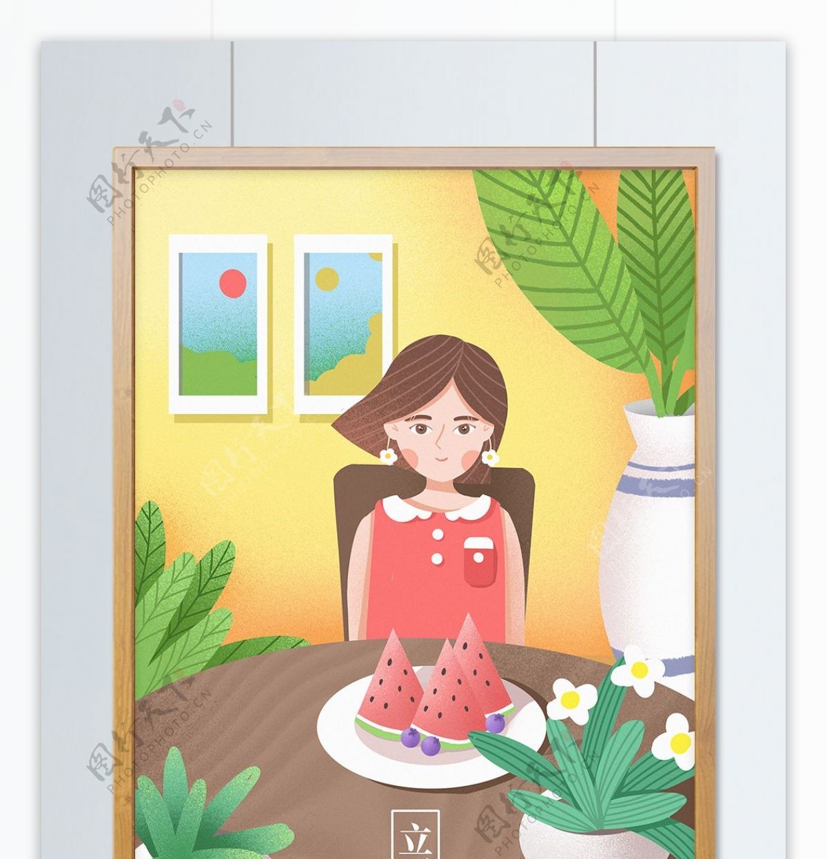 二十四节气立夏吃西瓜的女孩插画绘画