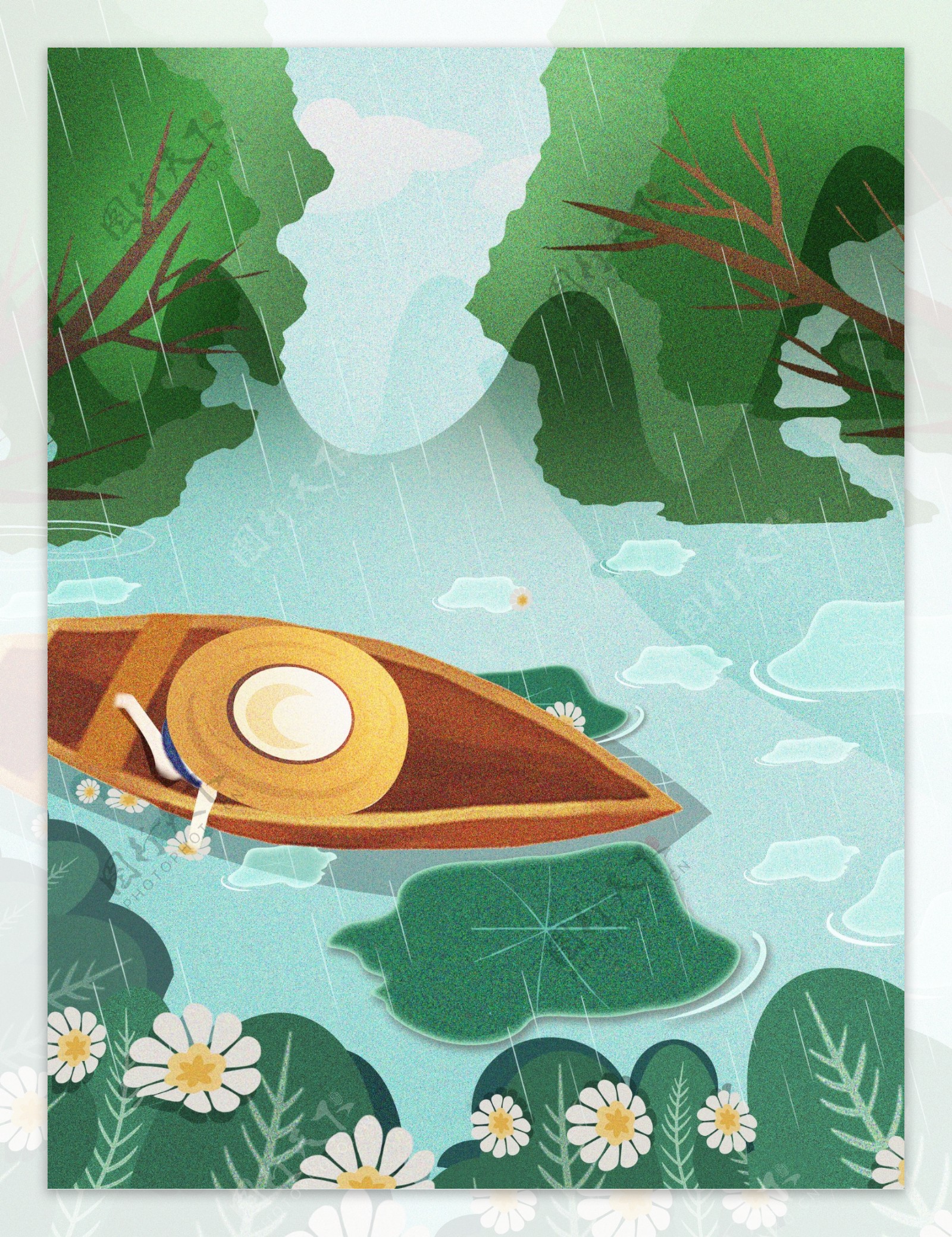 绿色原创谷雨节日节气复古插画背景设计