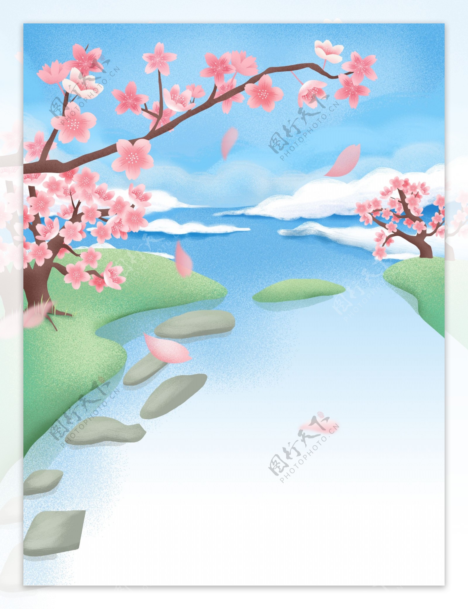 手绘清新河流上方的梅花背景素材