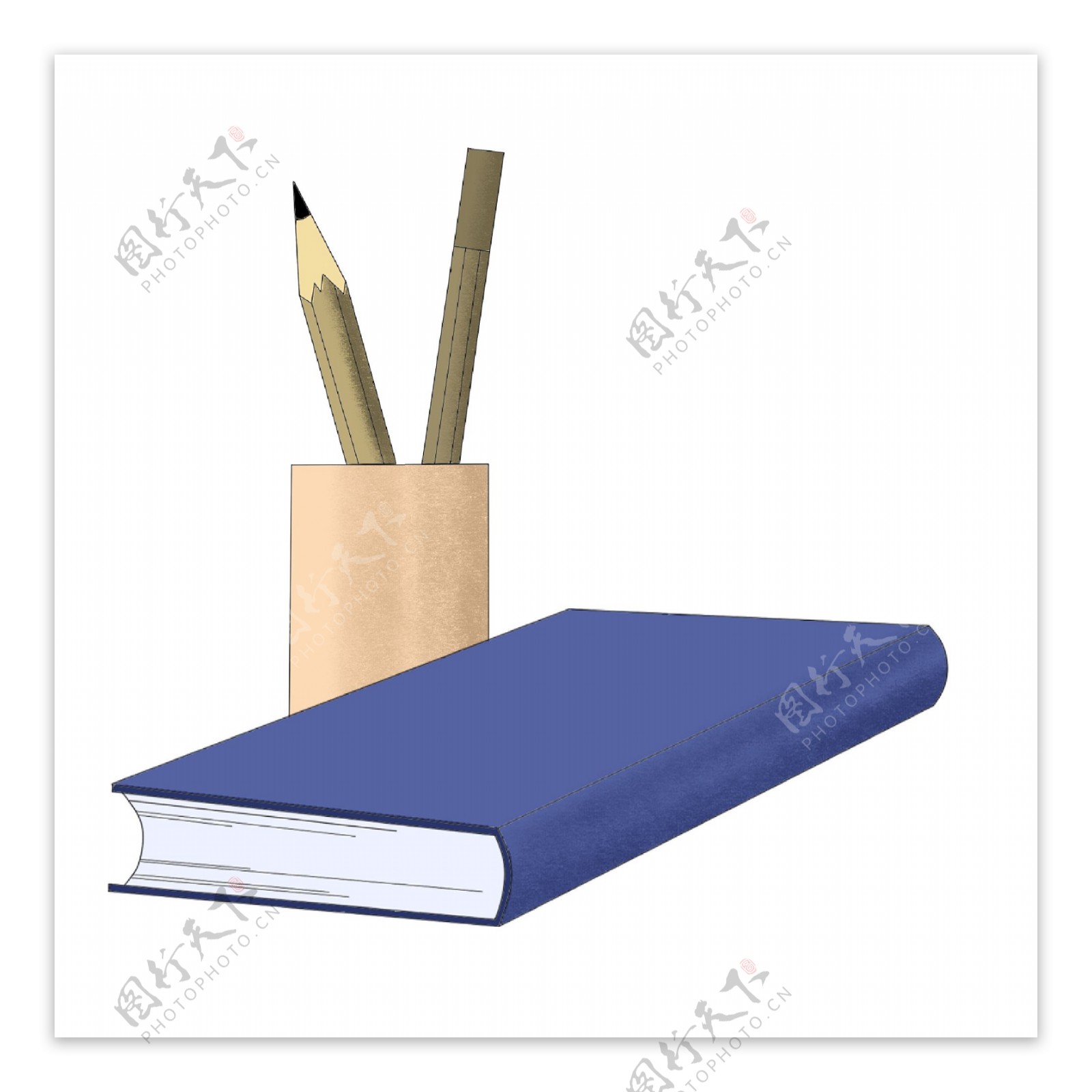 蓝色书本立体铅笔插图