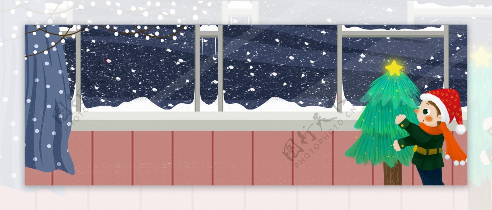 冬日窗前装饰圣诞树的男孩插画背景