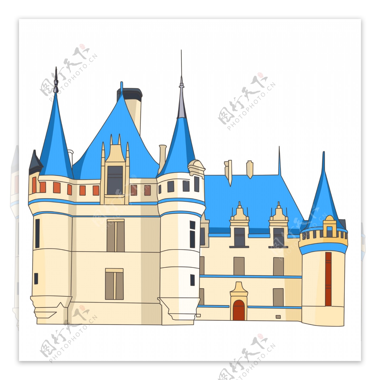 蓝色房檐城堡插画