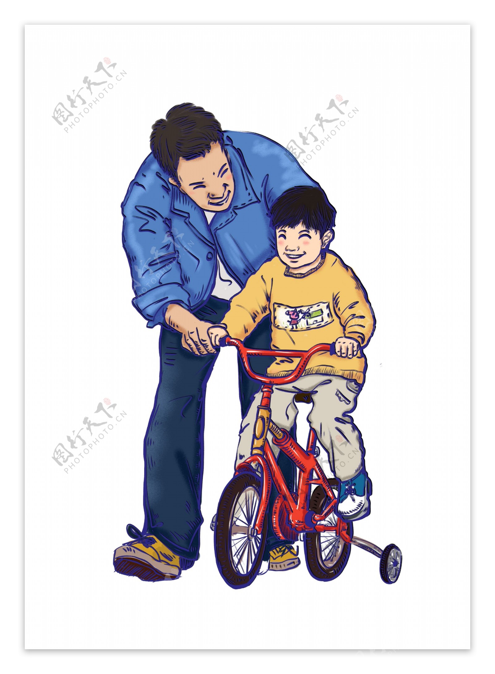 父亲节手绘卡通形象父子骑自行车