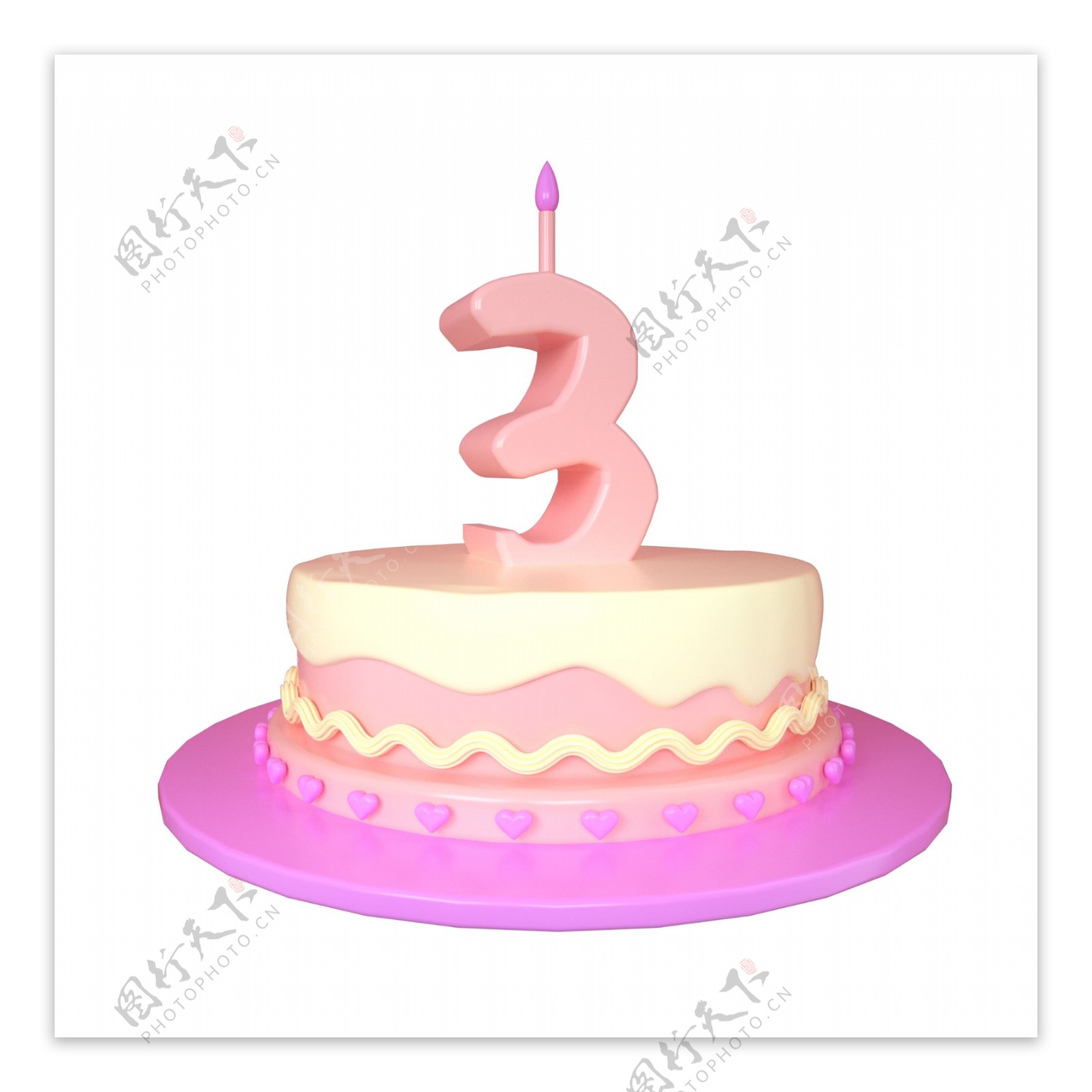 C4D可爱立体3周岁生日蛋糕装饰
