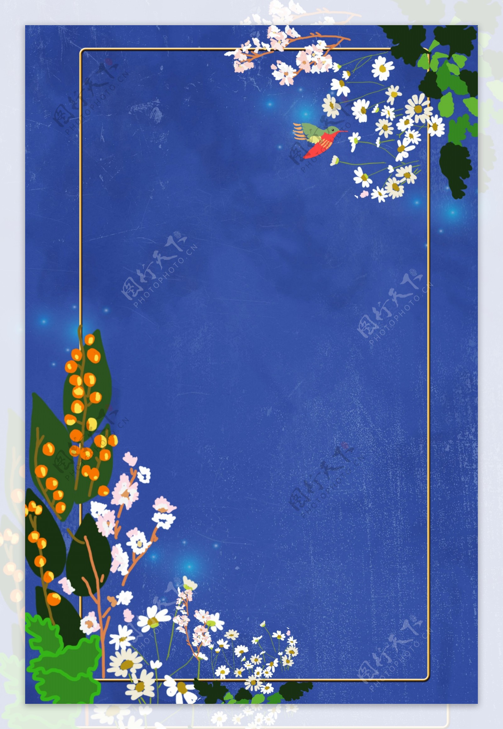 蓝色水彩背景花卉植物边框电商淘宝背景5