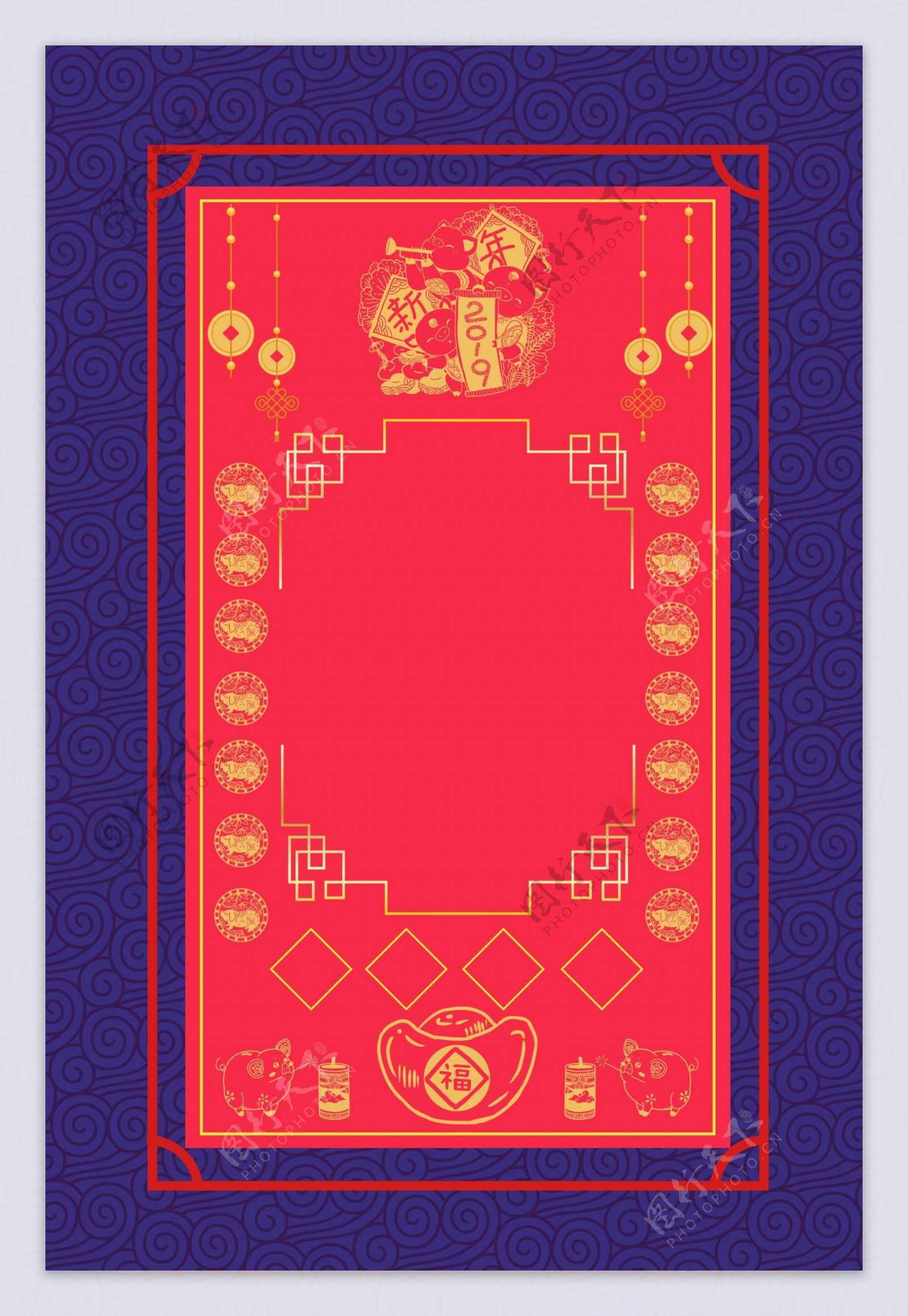 线条中国风新年签紫色纹理背景