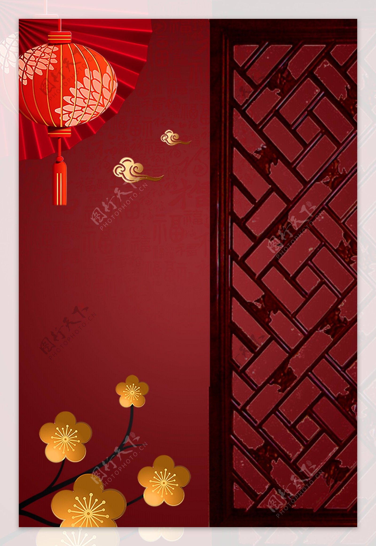 中国风红色古风木门广告背景