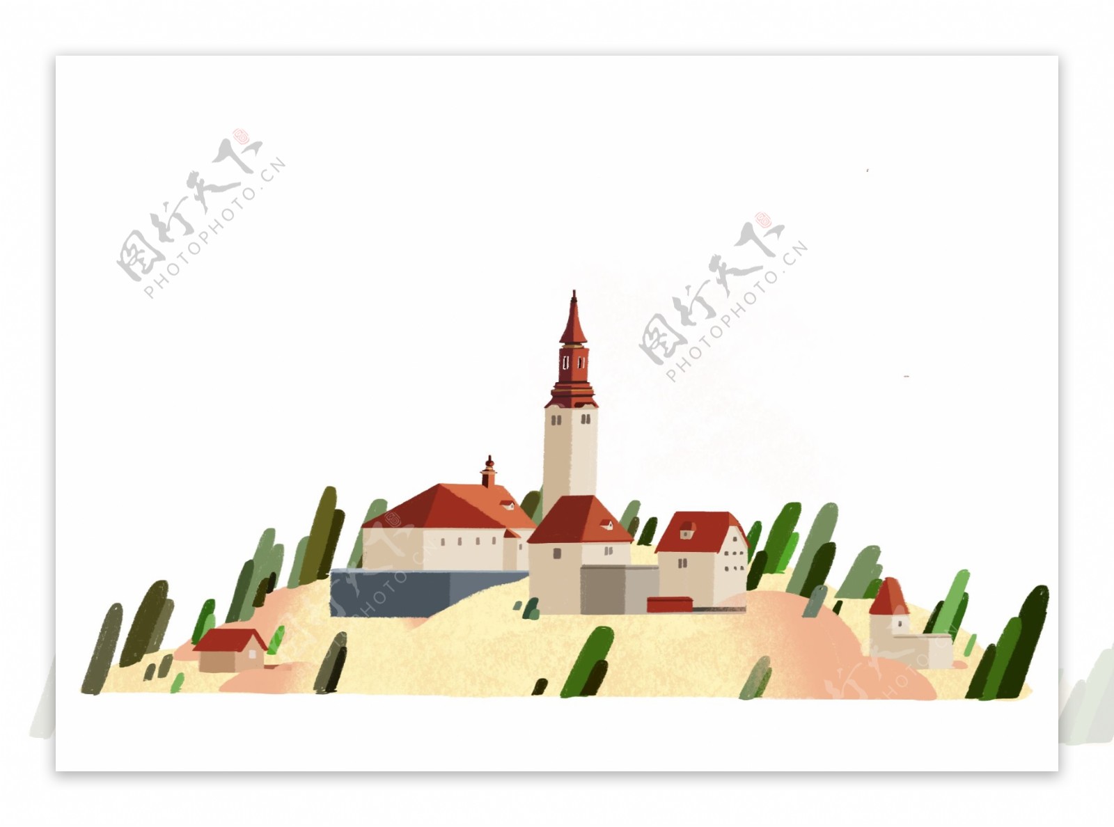欧洲小镇教堂山顶海报边框底部边框风景底框装饰