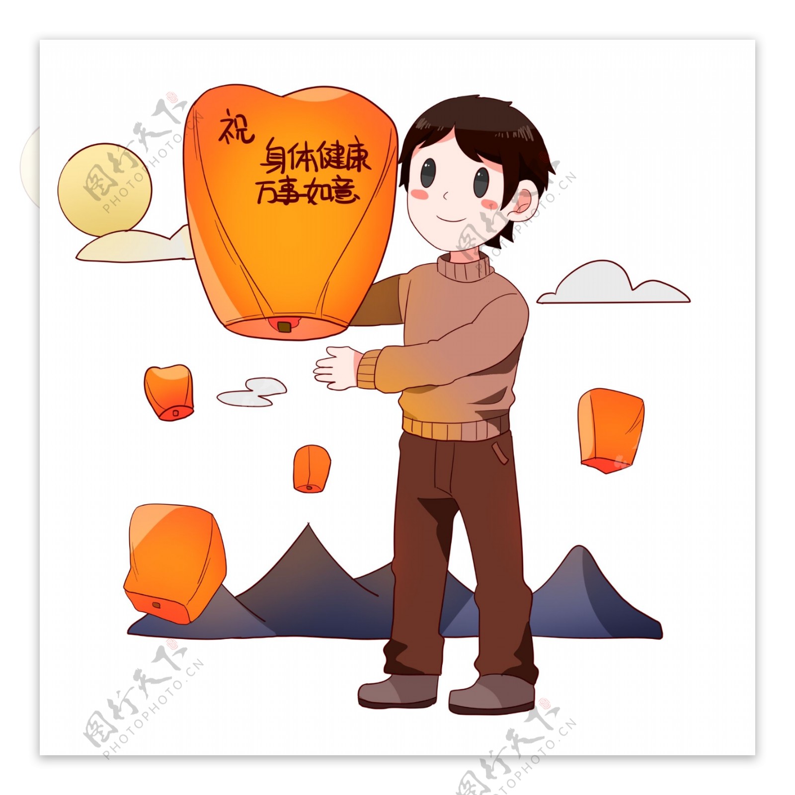 孔明灯祝福手绘插画