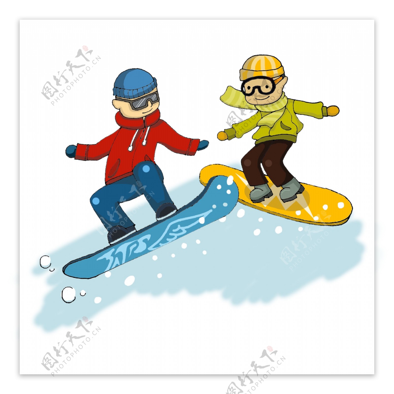 两个兄弟滑雪卡通手绘插画