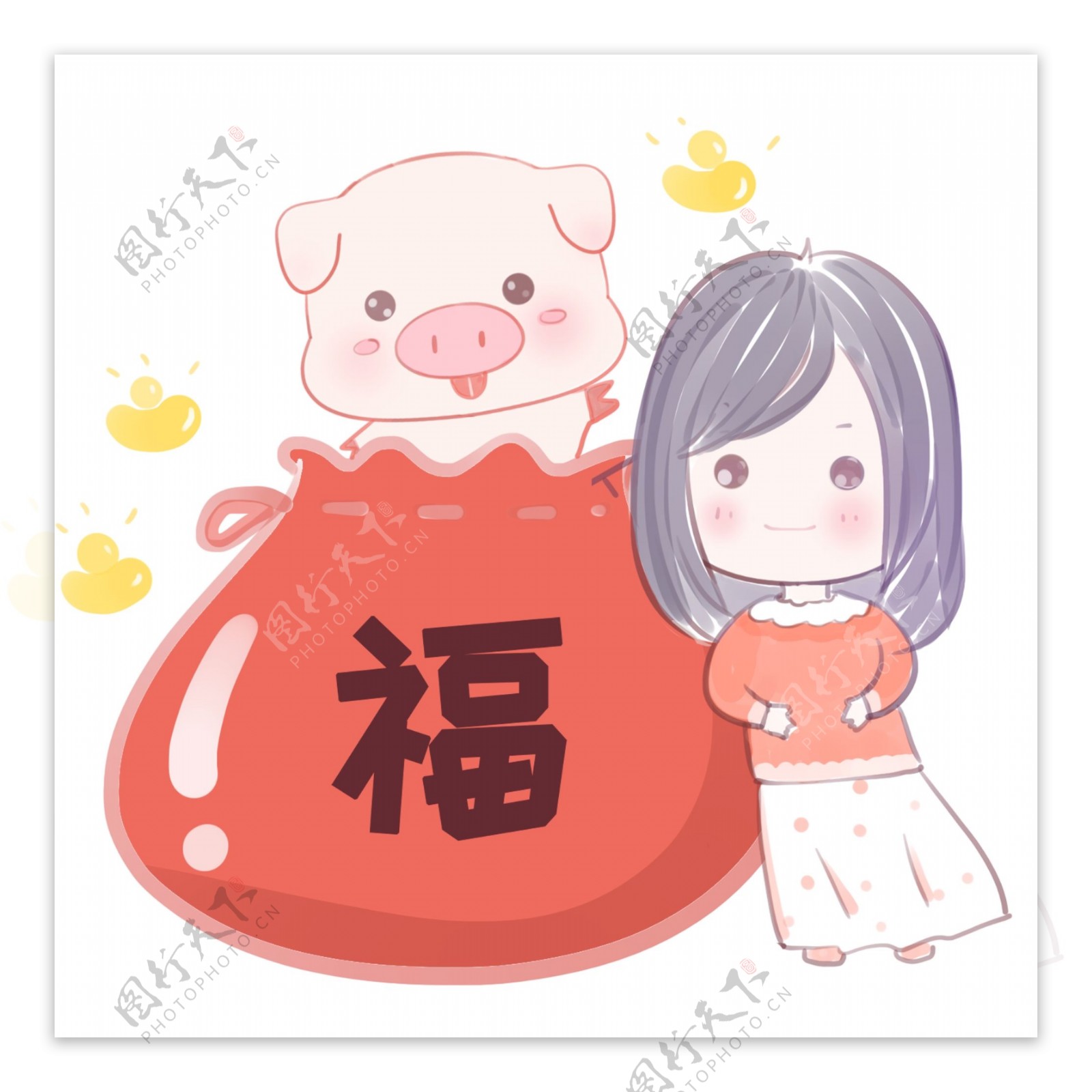 猪猪小女孩福袋卡通插画
