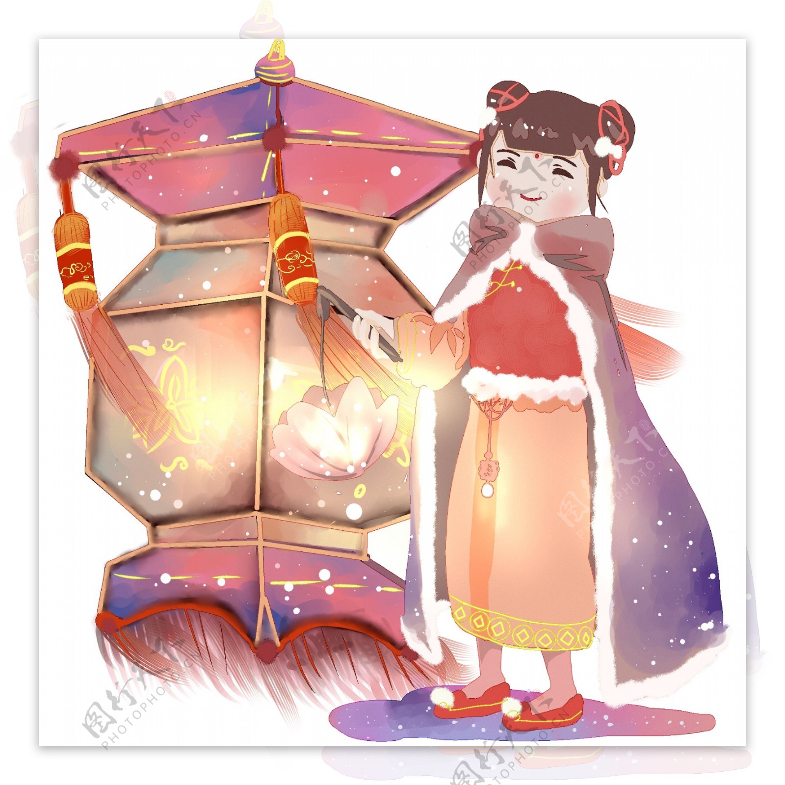 元旦时节莲花灯和红灯笼的唐装少女
