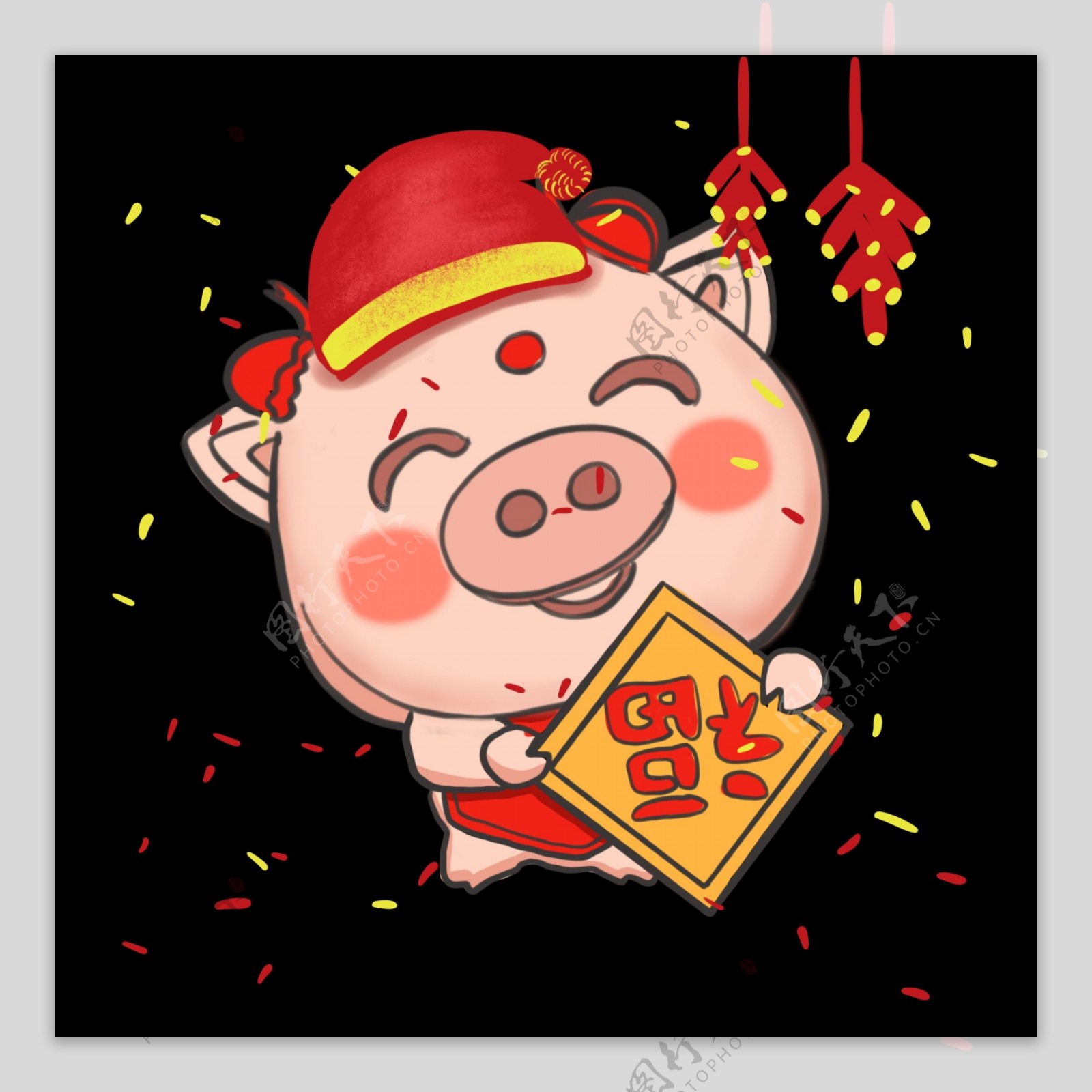 猪年戴帽子的猪红色系列手绘插画猪宝宝PNG