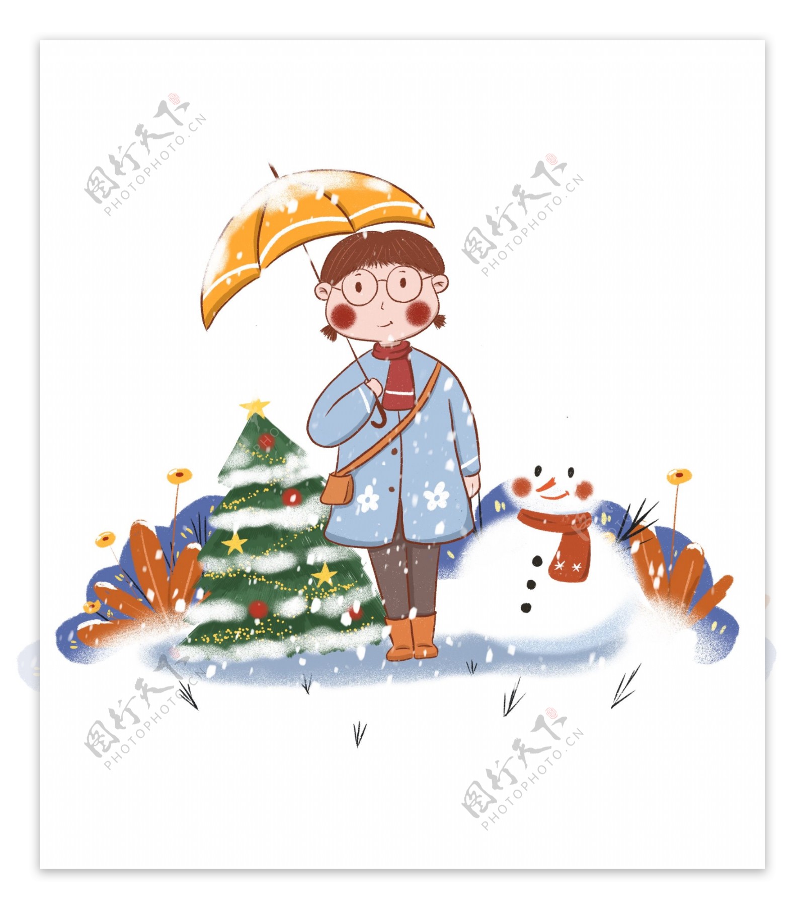 手绘小清新冬季雪中打伞的女生下载