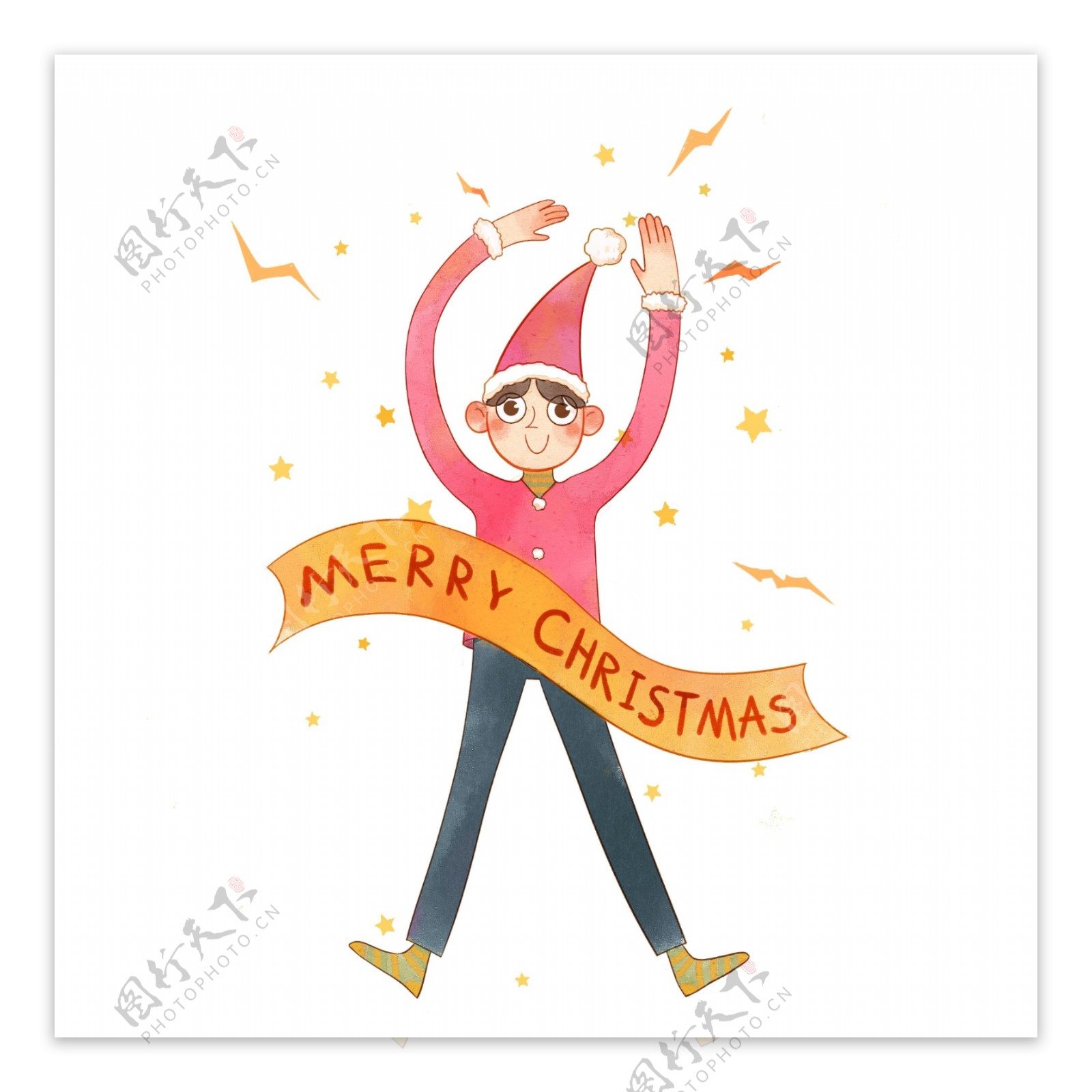庆祝圣诞节带圣诞帽的小男孩卡通手绘可爱png免扣