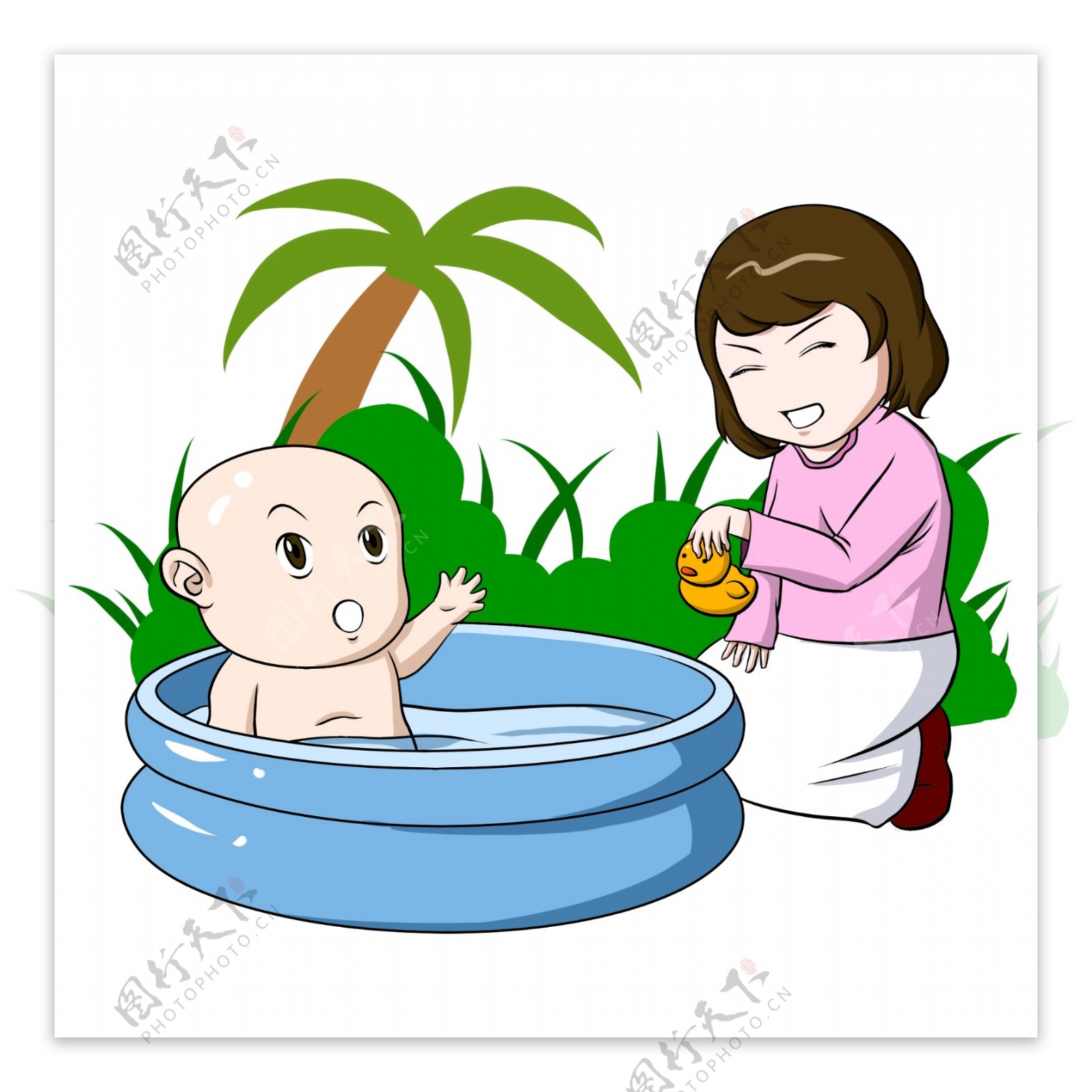 手绘给婴儿洗澡的母亲人物插画