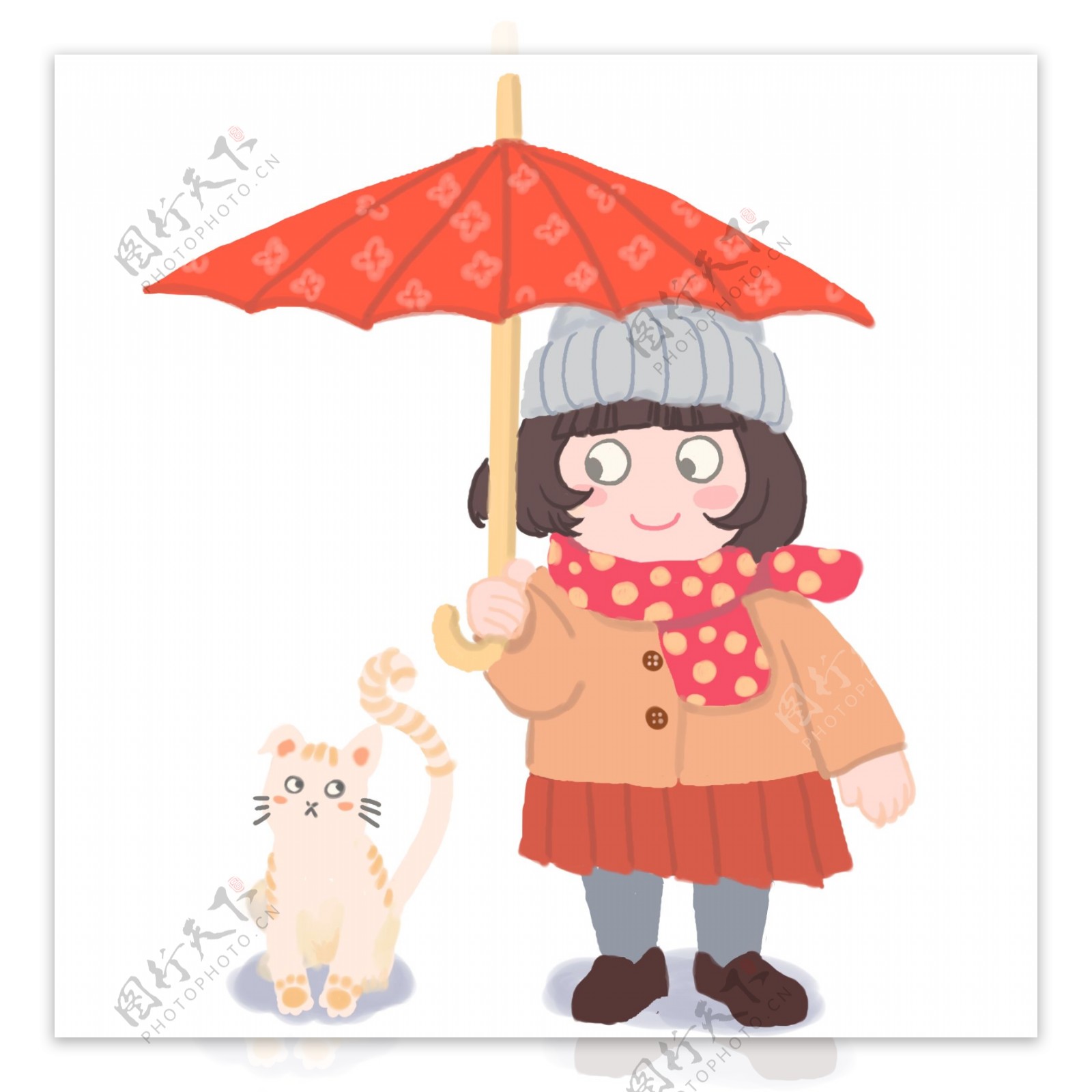 打着雨伞和小猫咪一起的小女孩红色围巾