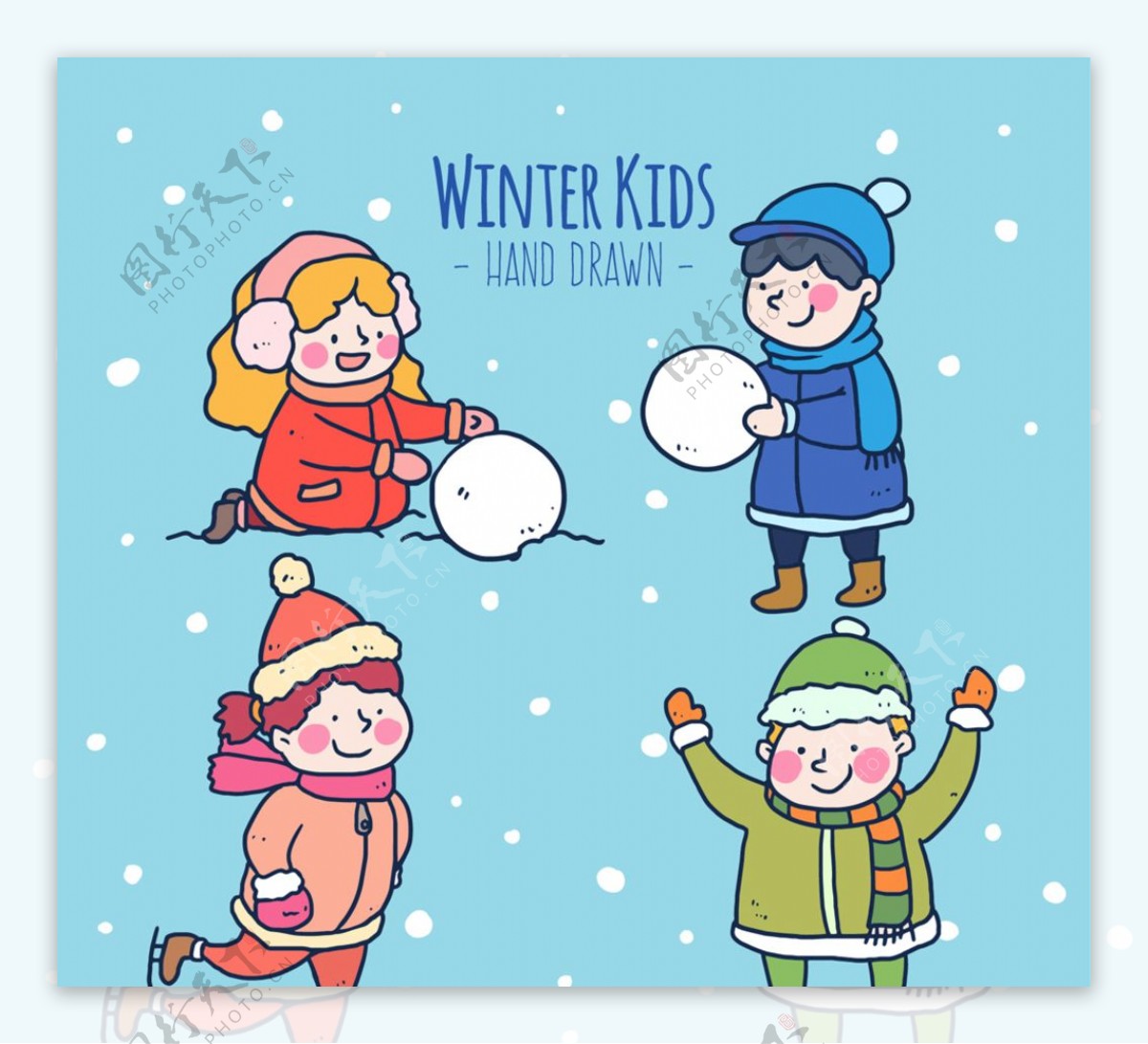 4款可爱冬季玩耍的儿童