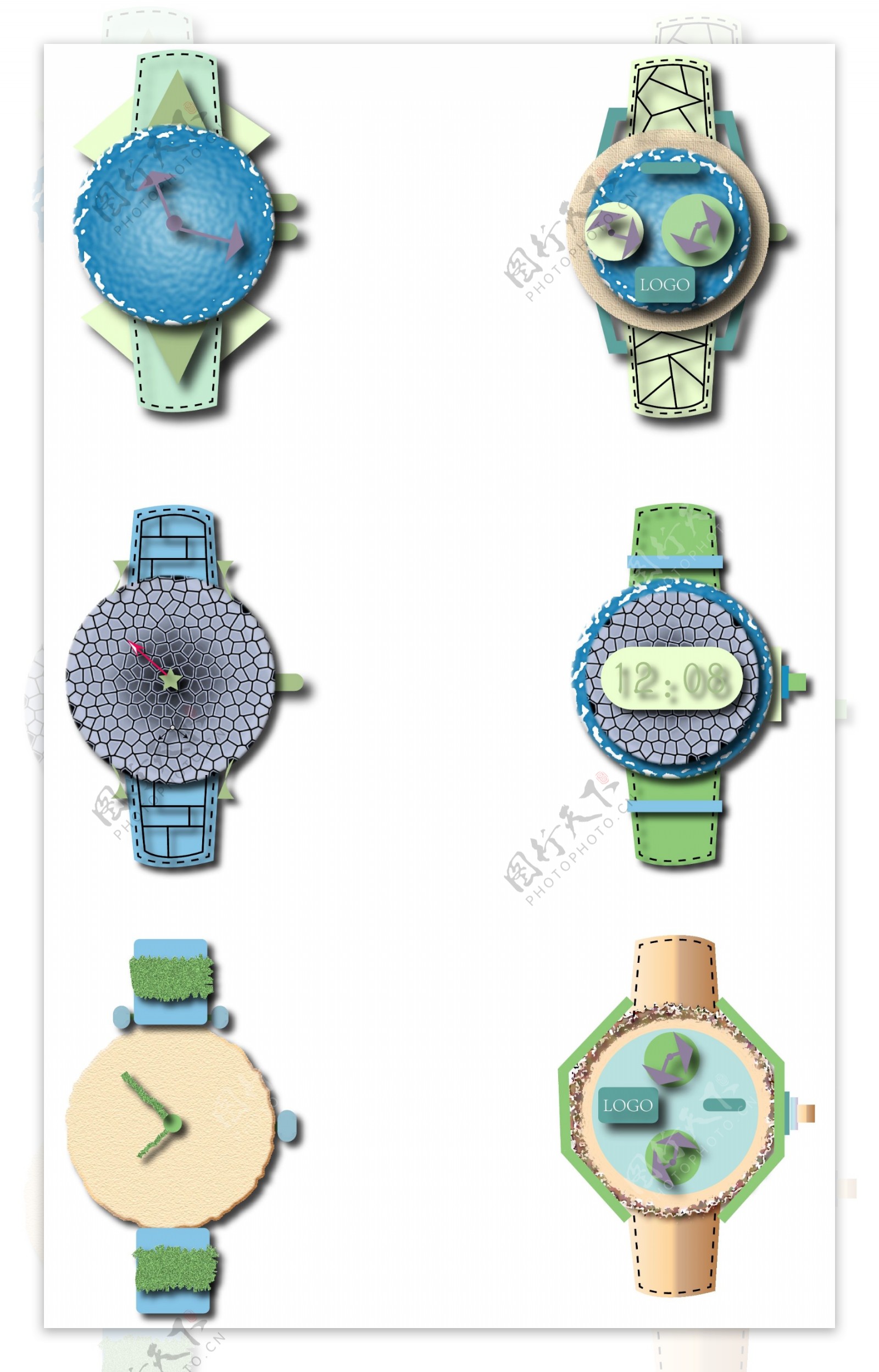 手表钟装饰图案元素卡通可爱风格效果矢量图