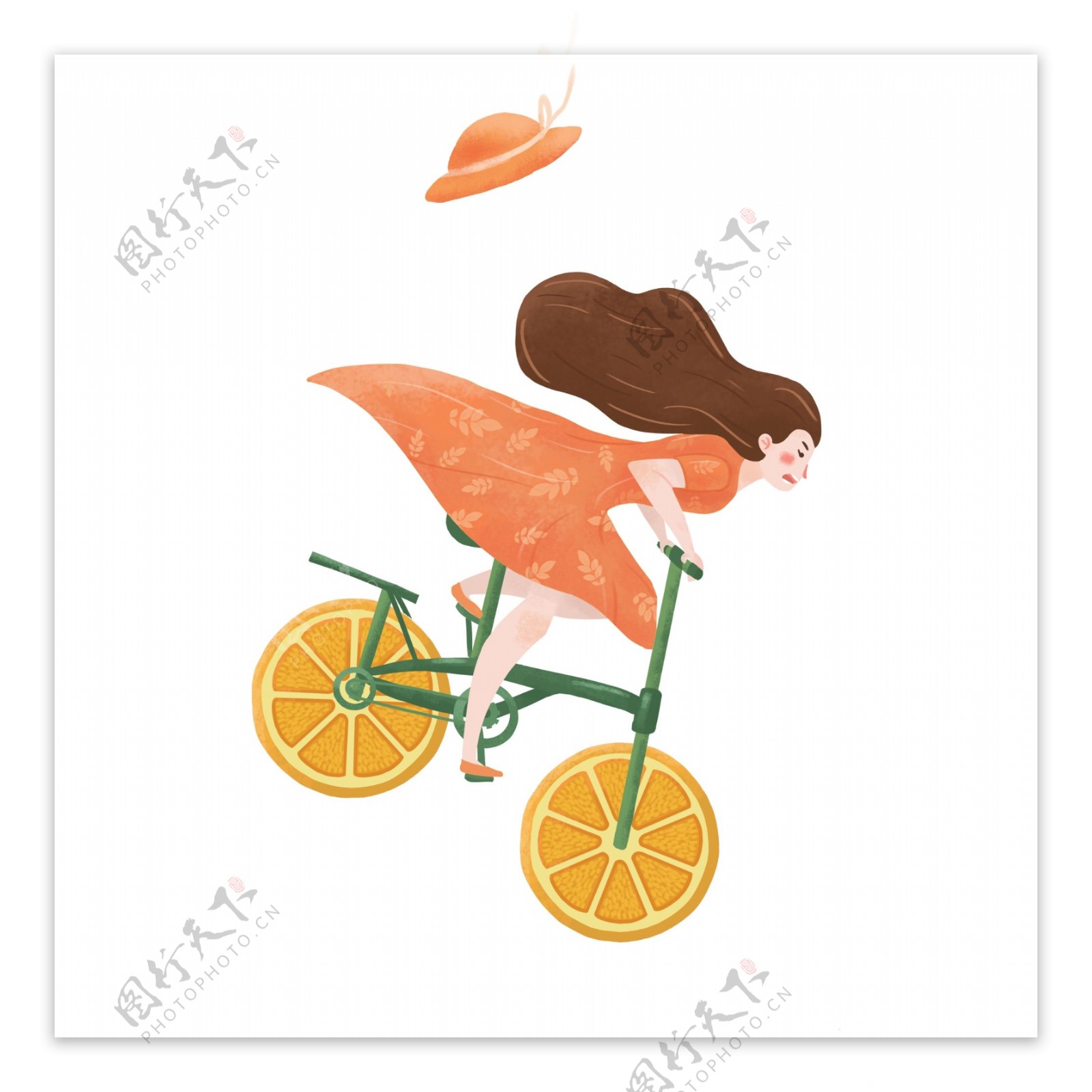 创意骑着橘子车的女孩元素