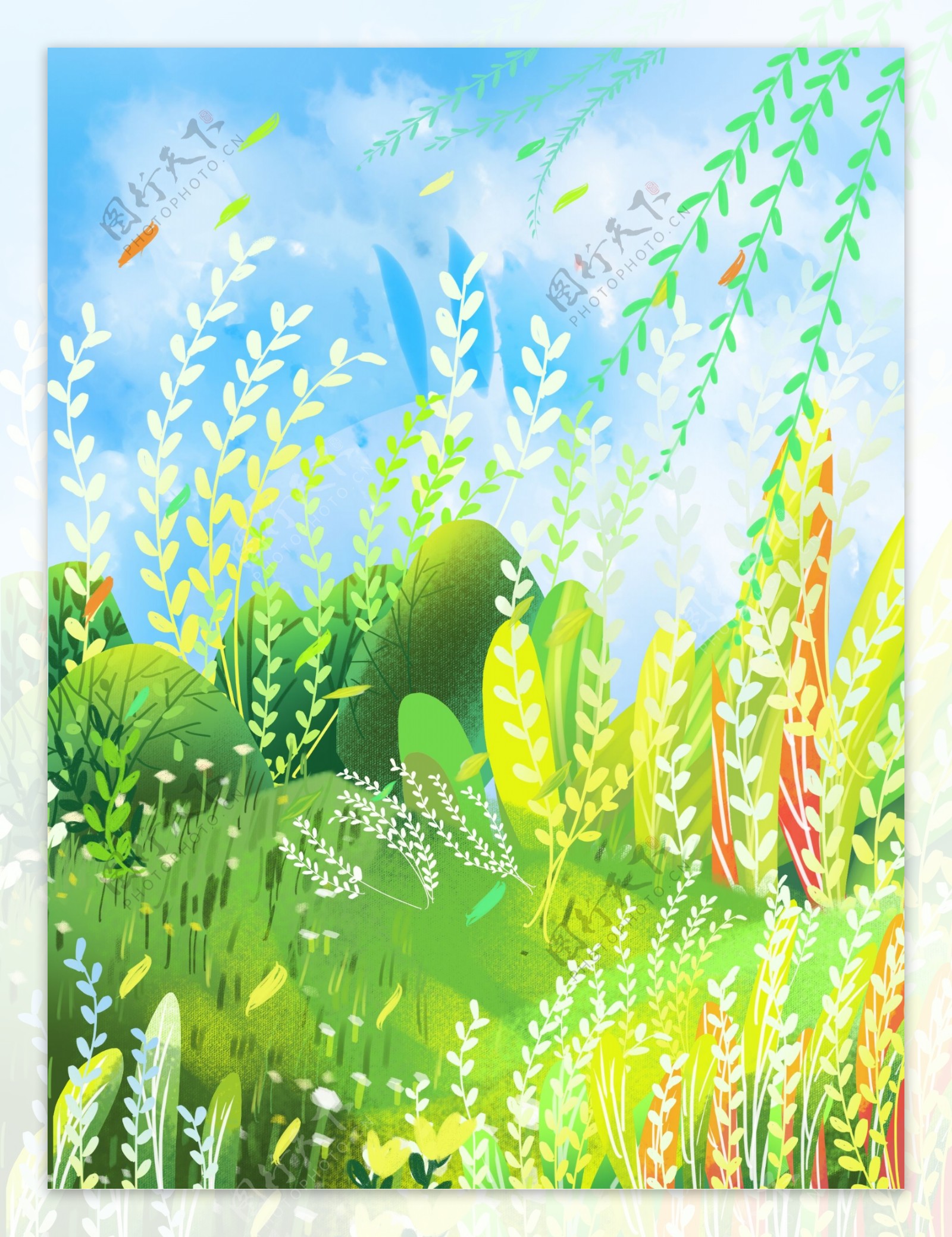 手绘夏季草丛柳条背景设计