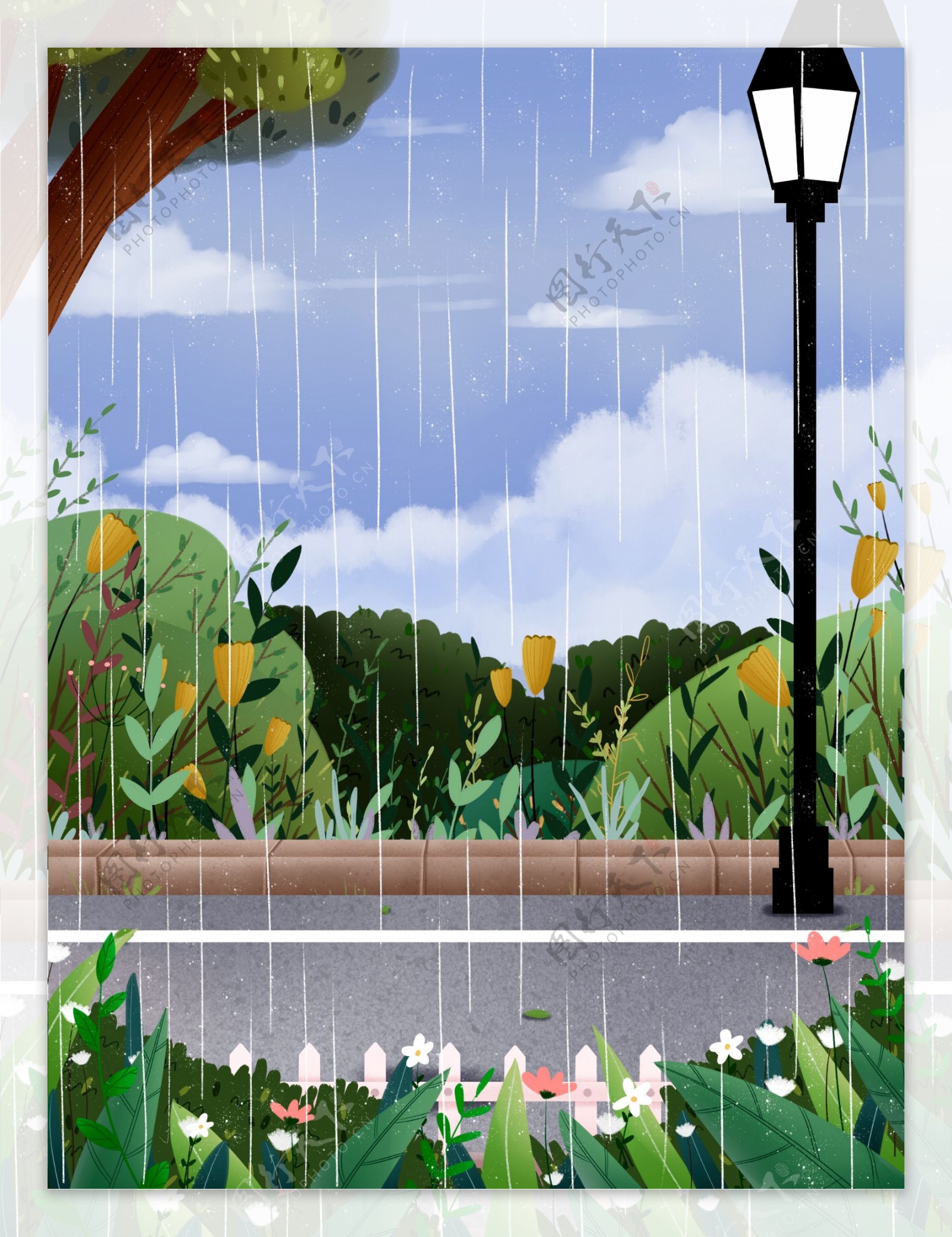 手绘春季雨水花丛道路背景设计