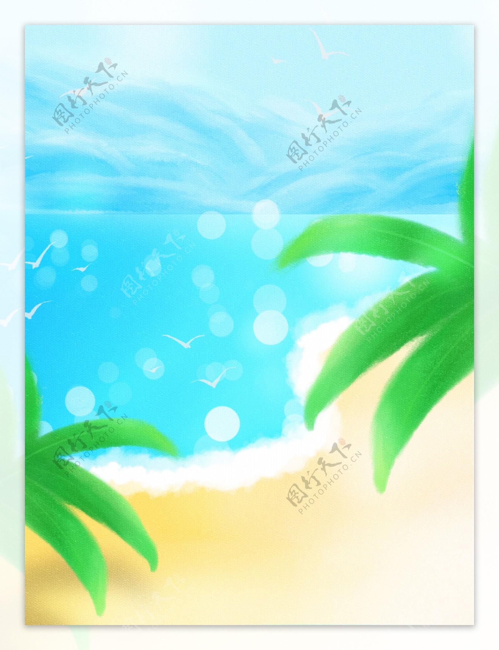 小清新手绘插画风格海边蓝天白云沙滩背景