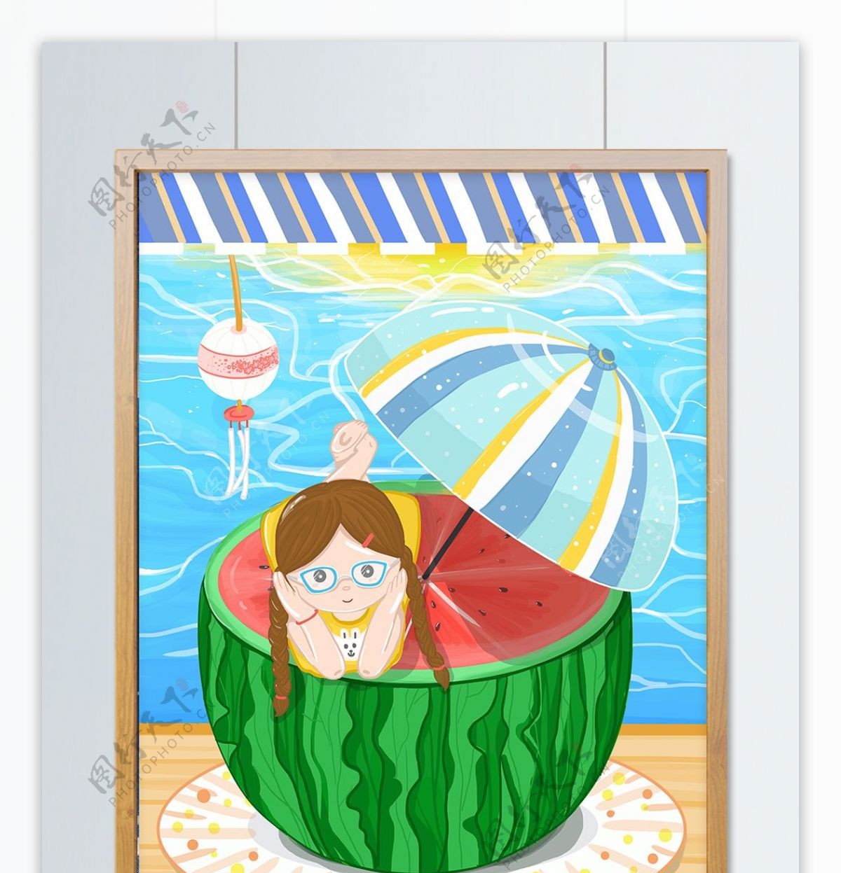 海边趴在西瓜上晒太阳的女孩夏至插画