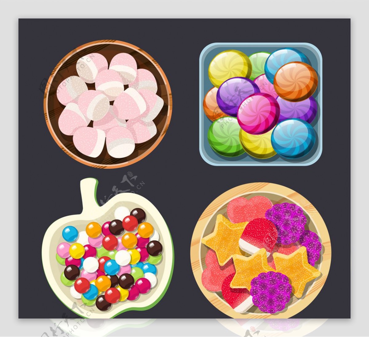 4组彩色盘装糖果俯视图