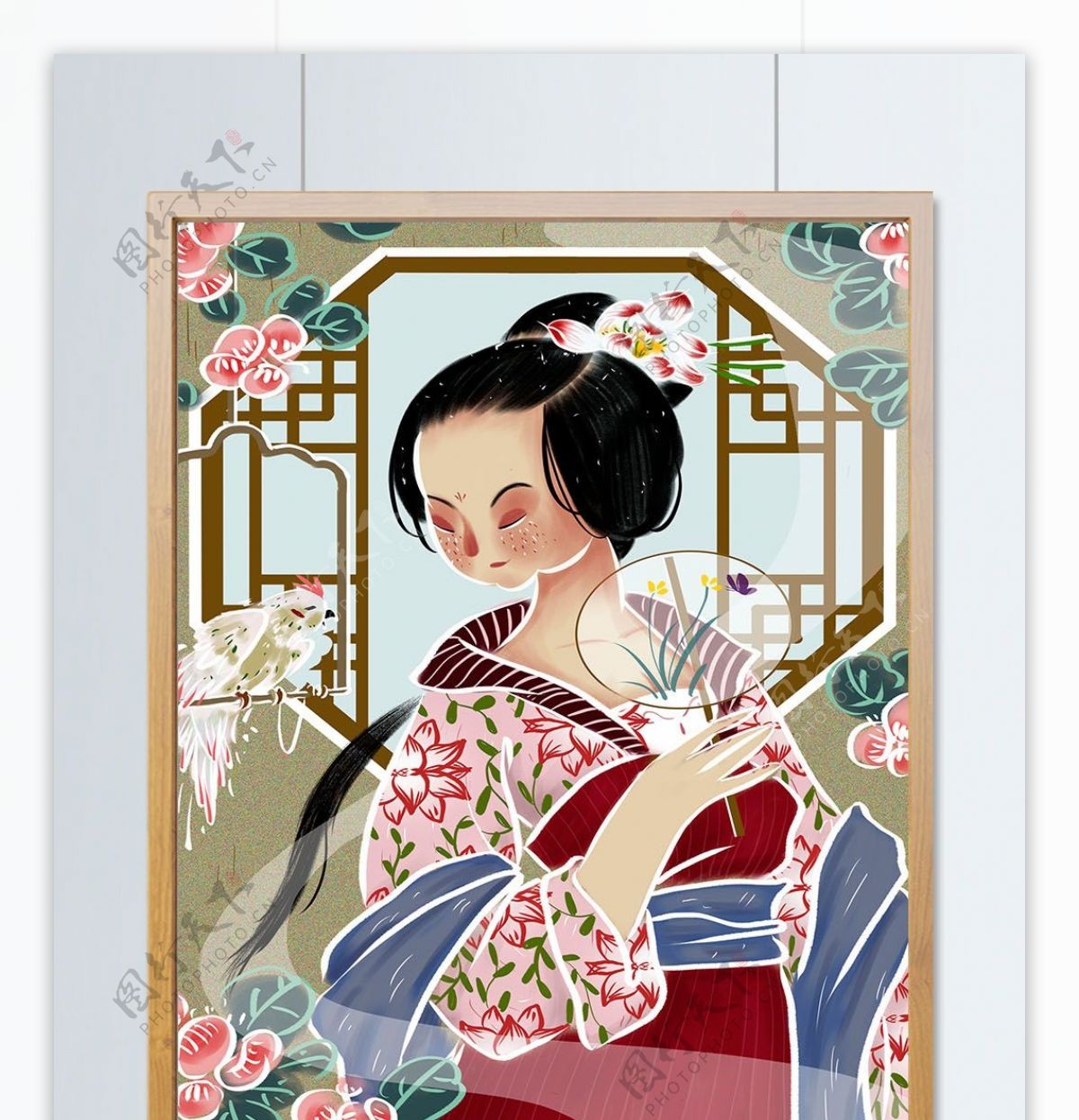国潮古代女子戏鸟中国风国画