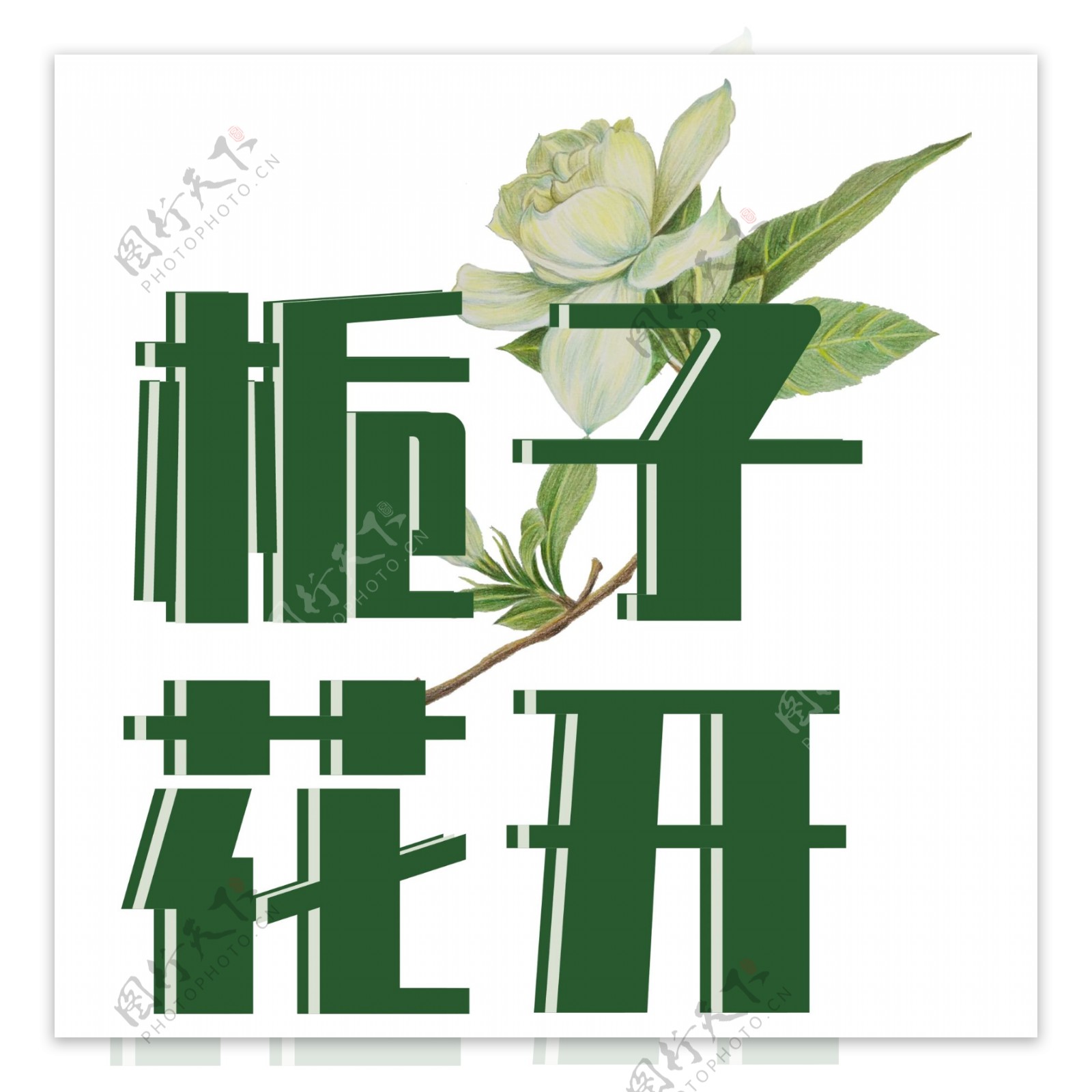 栀子花开绿色艺术字体元素