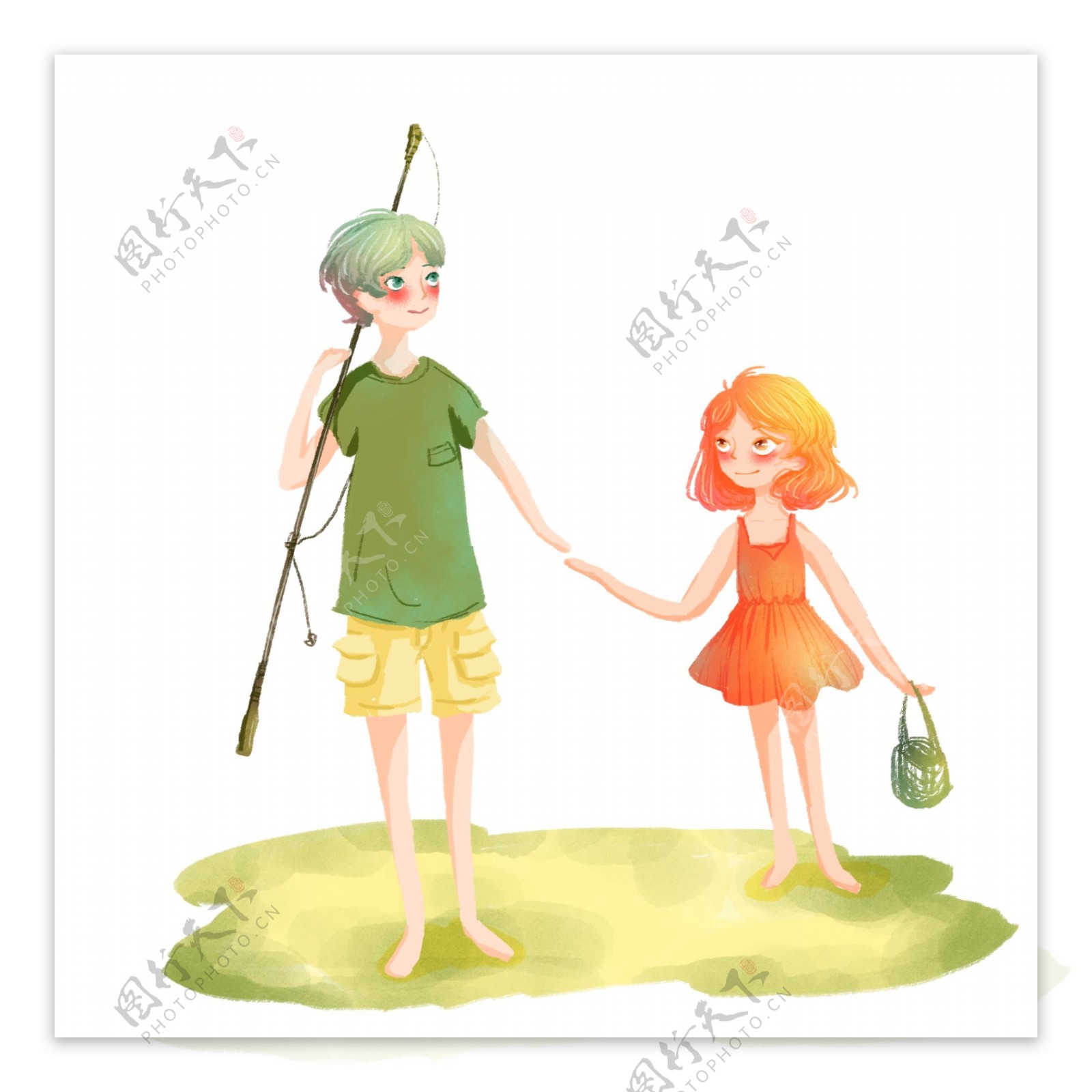 小清新手绘风拿着鱼竿的两个小朋友海报元素