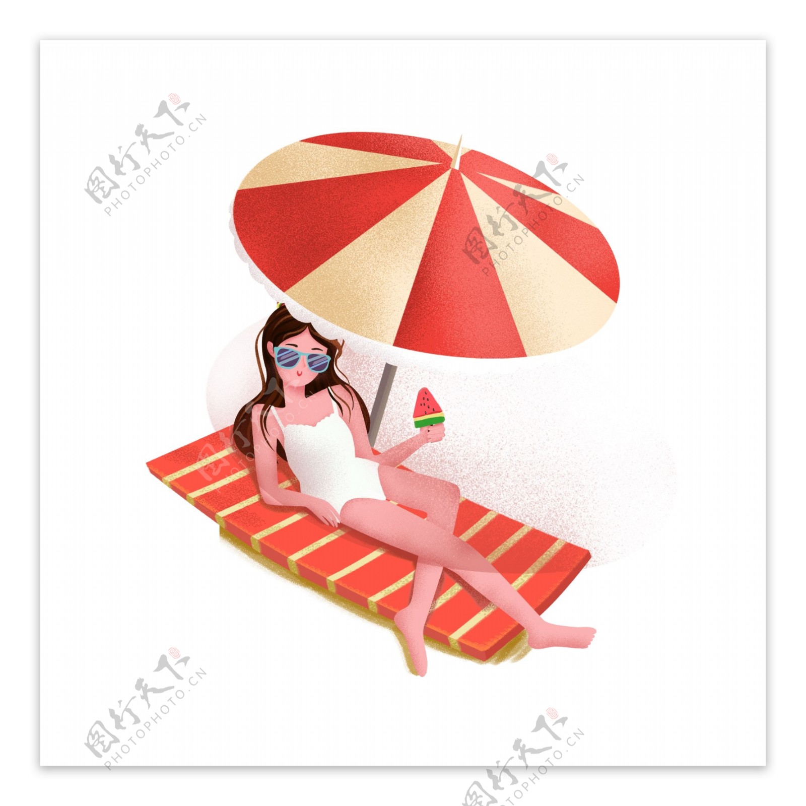 手绘在海边度假赛日光浴的女孩