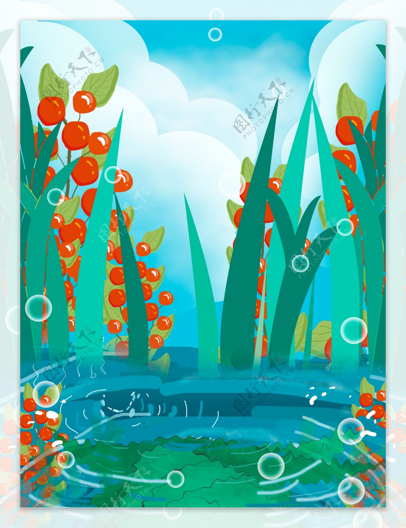 手绘夏季池塘绿叶背景设计