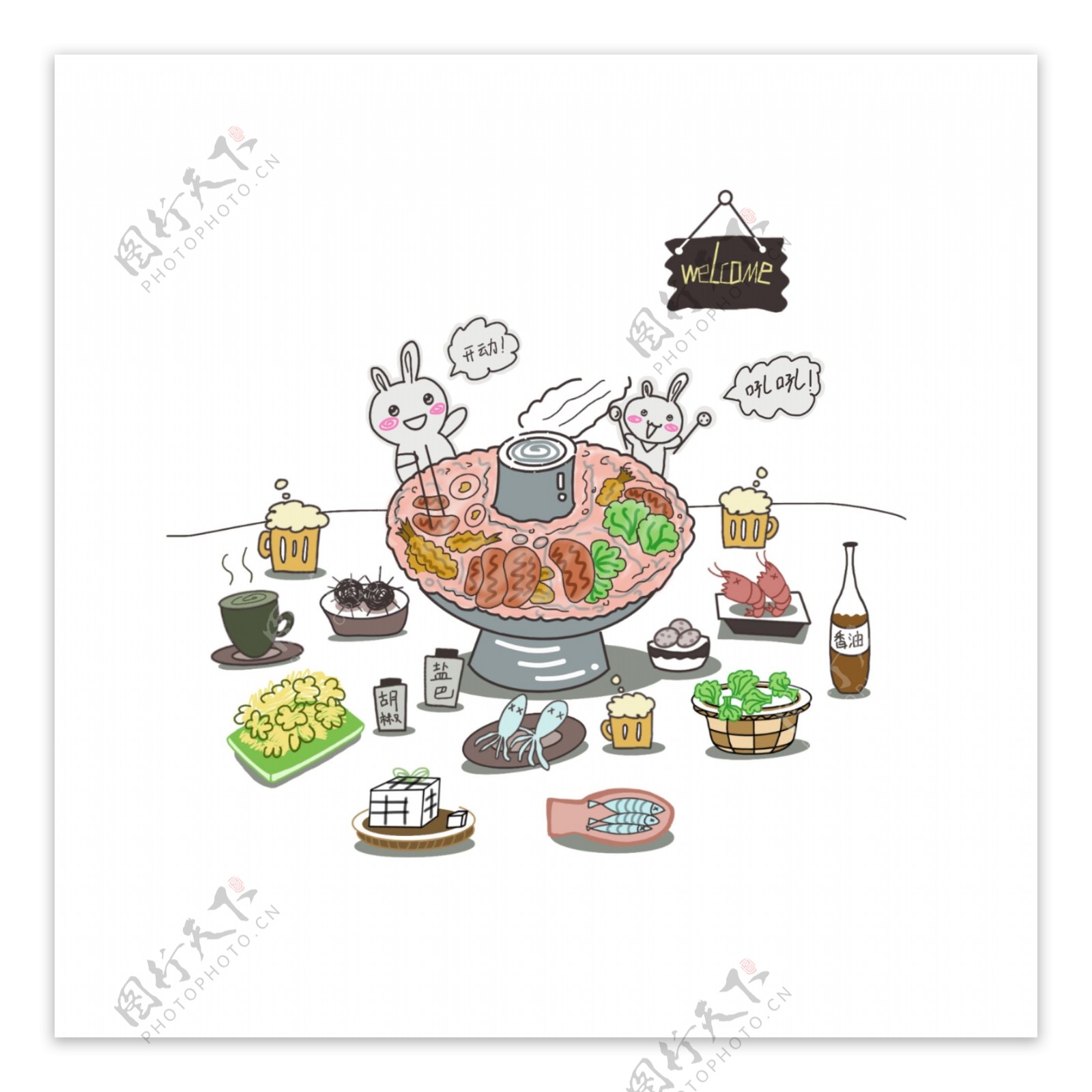 创意卡通可爱兔子吃火锅设计装饰图案