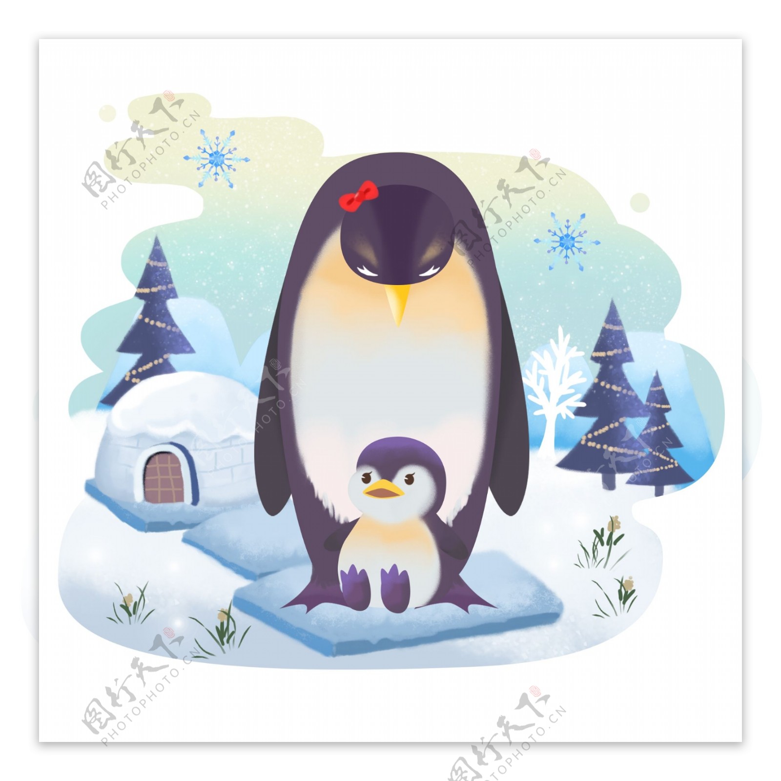 母亲节企鹅手绘母亲和孩子动物雪花卡通元素