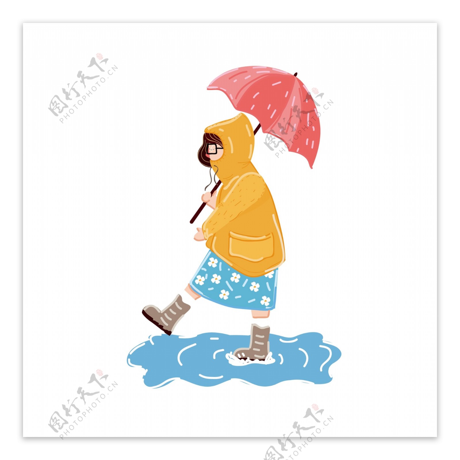 雨天散步小姑娘装饰元素