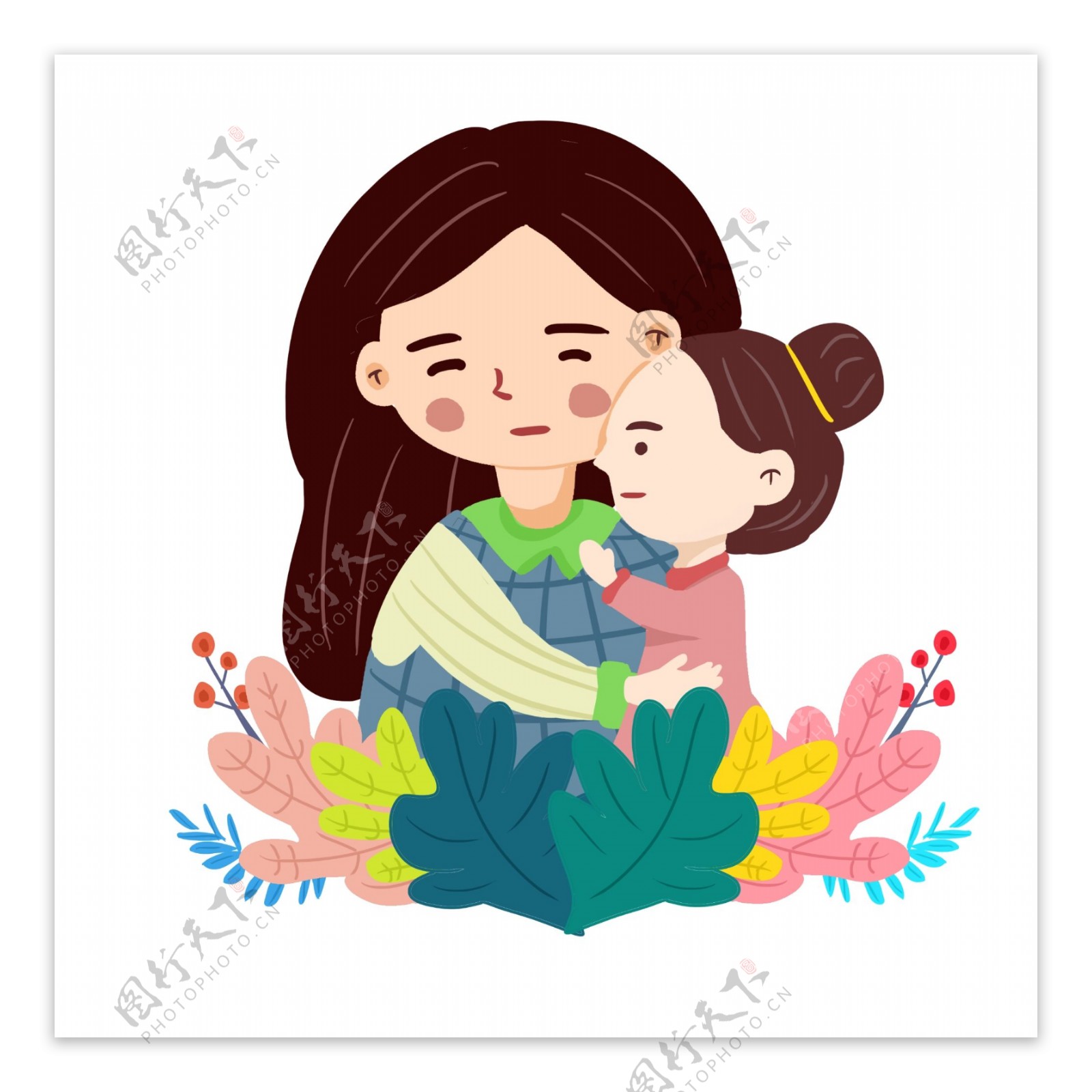 母亲节女儿抱着妈妈手绘