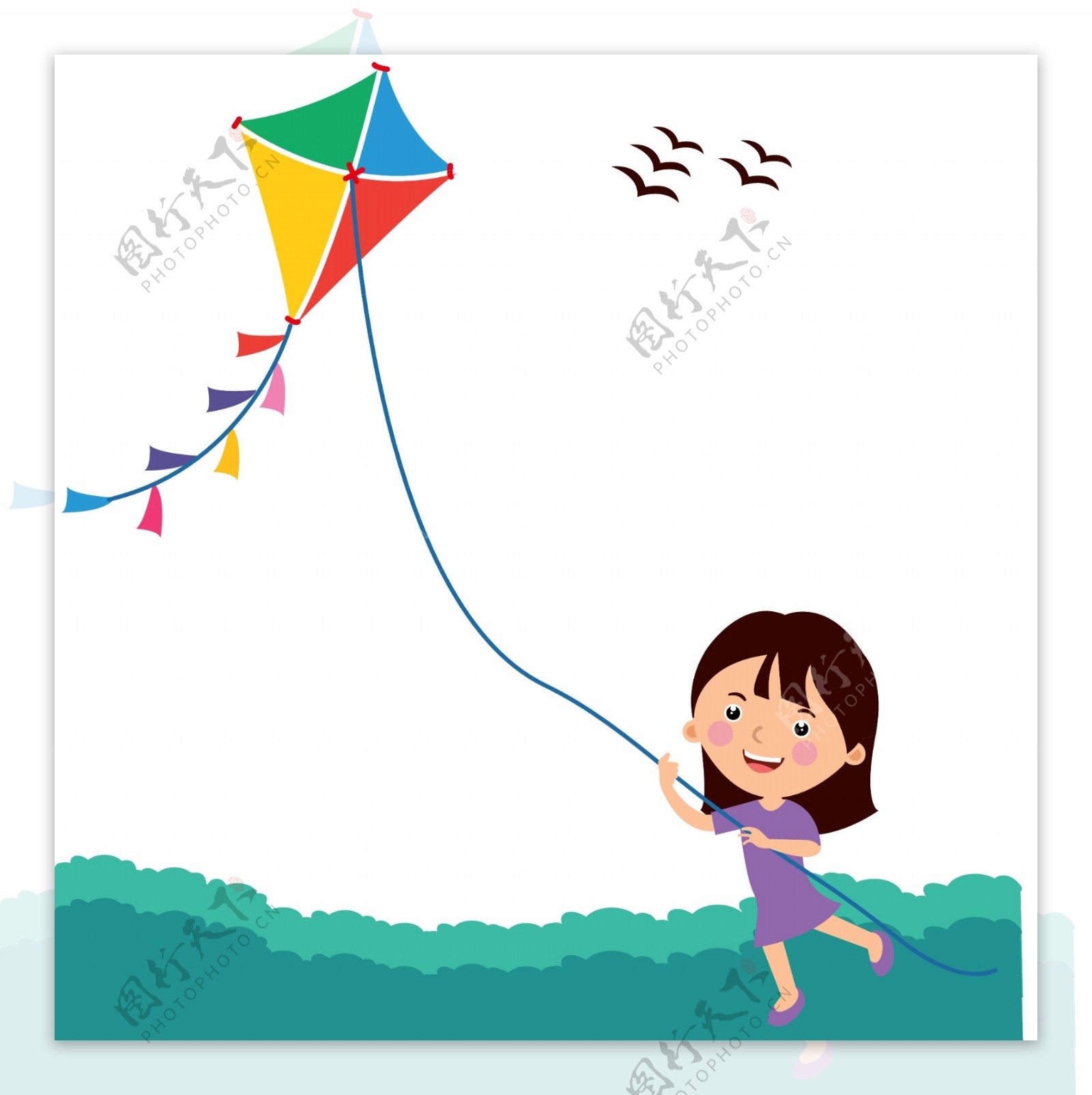 卡通手绘小女孩放风筝矢量图